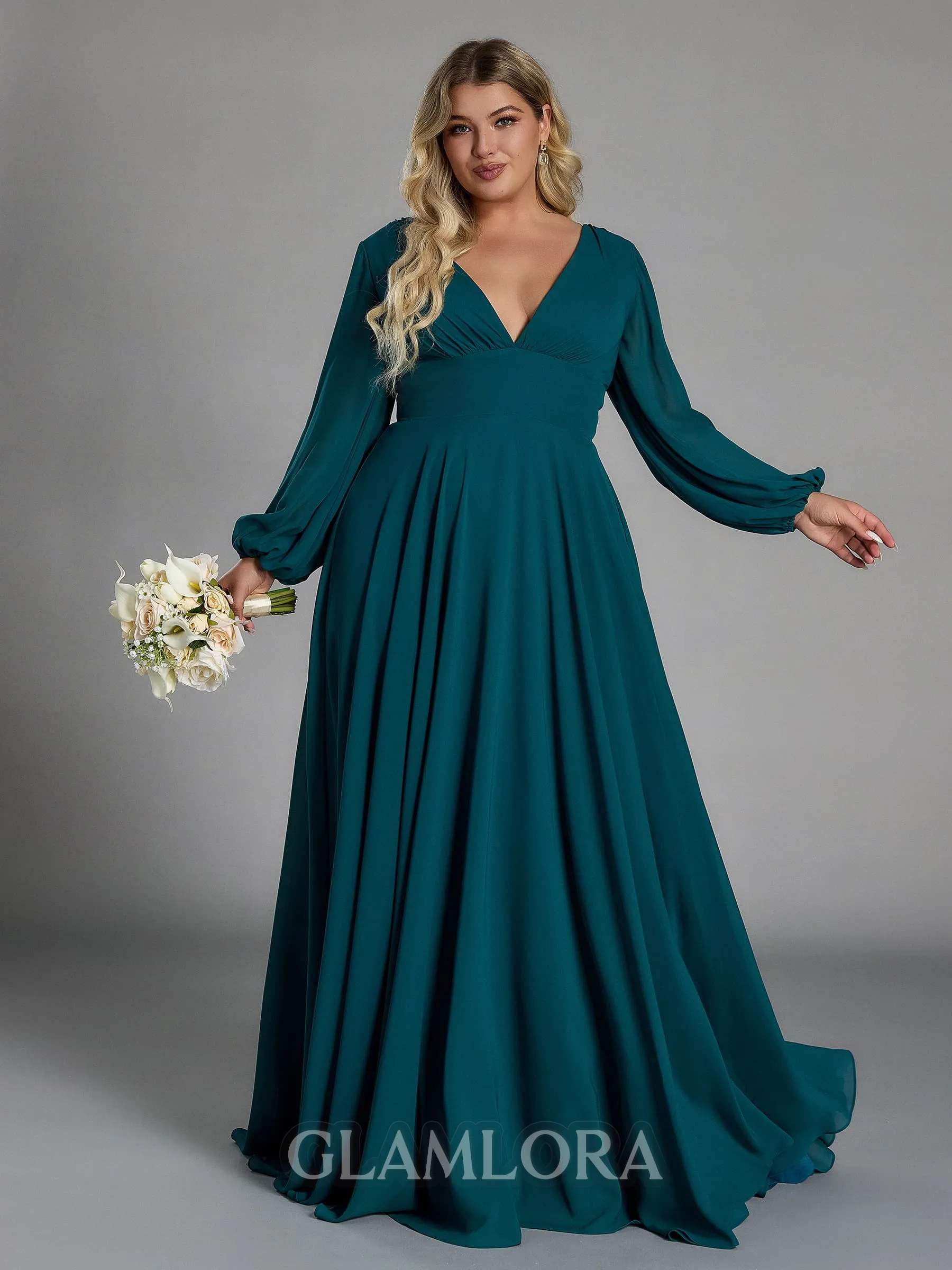 Opulent A-line V-Neck Long Sleeves Pleated Sweep Train Chiffon Corset Plus Size Bridesmaid Dress