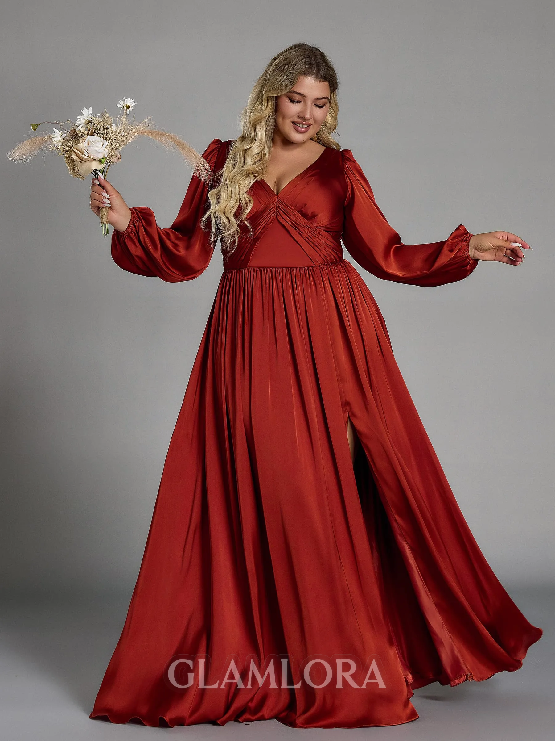 Stunning A-line V-Neck Long Sleeves Pleated Floor-Length Satin Chiffon Plus Size Bridesmaid Dress