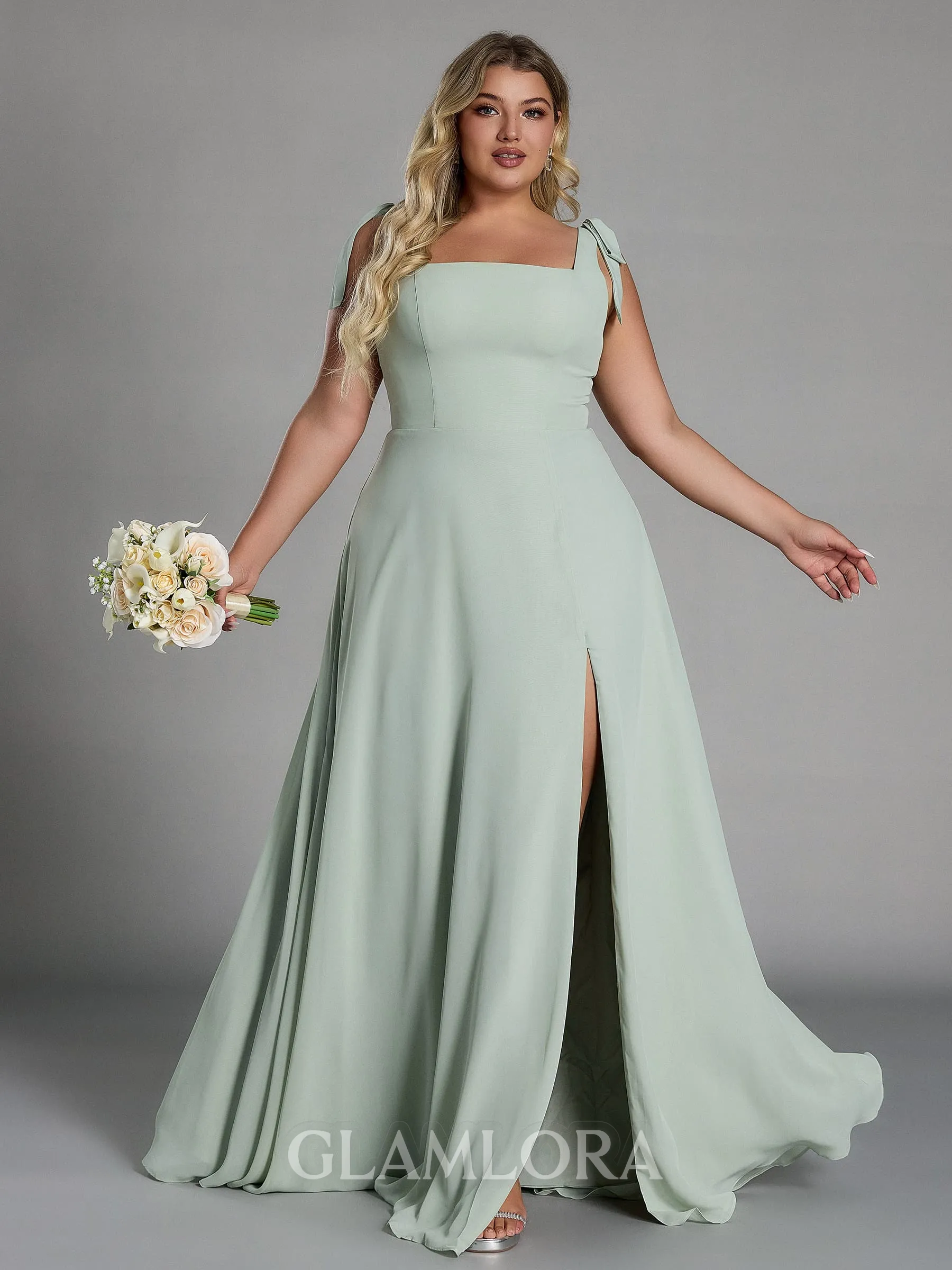 Grand A-line Straps Bow Floor-Length Chiffon Corset Plus Size Bridesmaid Dress