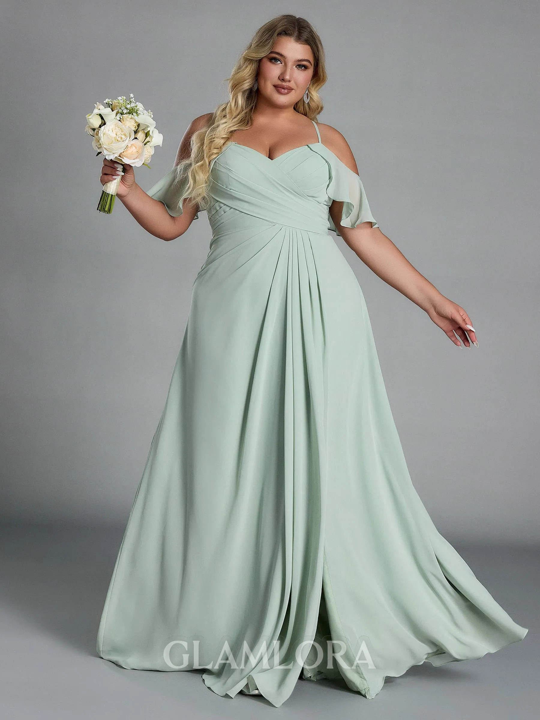 Unforgettable A-line Cold Shoulder Pleated Floor-Length Chiffon Plus Size Bridesmaid Dress