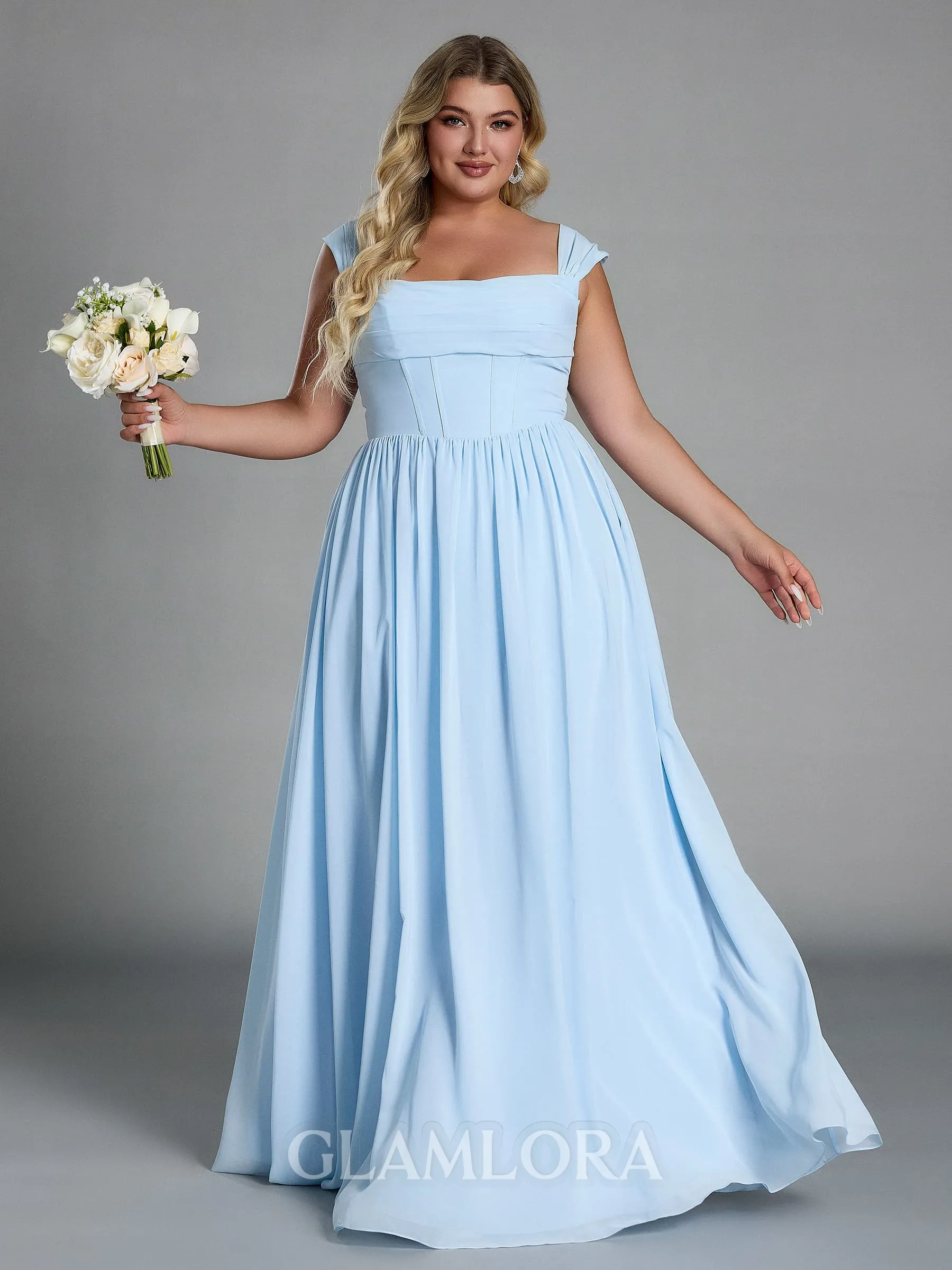 Unique A-line Square Pleated Floor-Length Chiffon Corset Plus Size Bridesmaid Dress