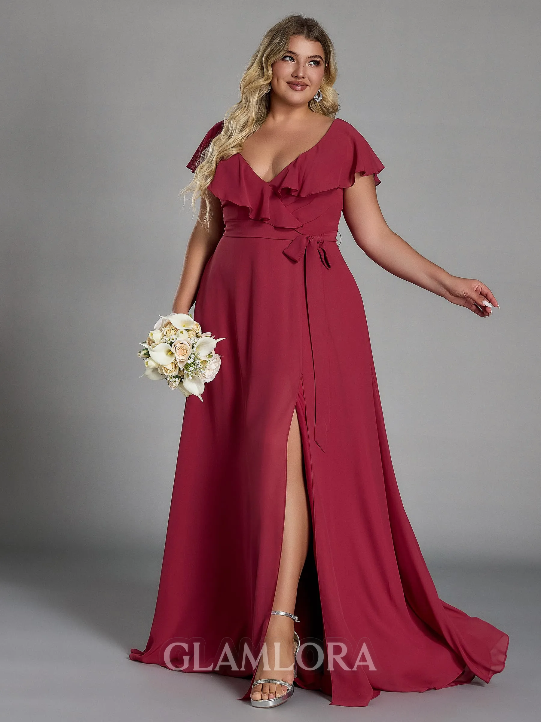Fashion A-line V-Neck Short Sleeves Sash/Ribbon/Belt Floor-Length Chiffon Plus Size Bridesmaid Dress