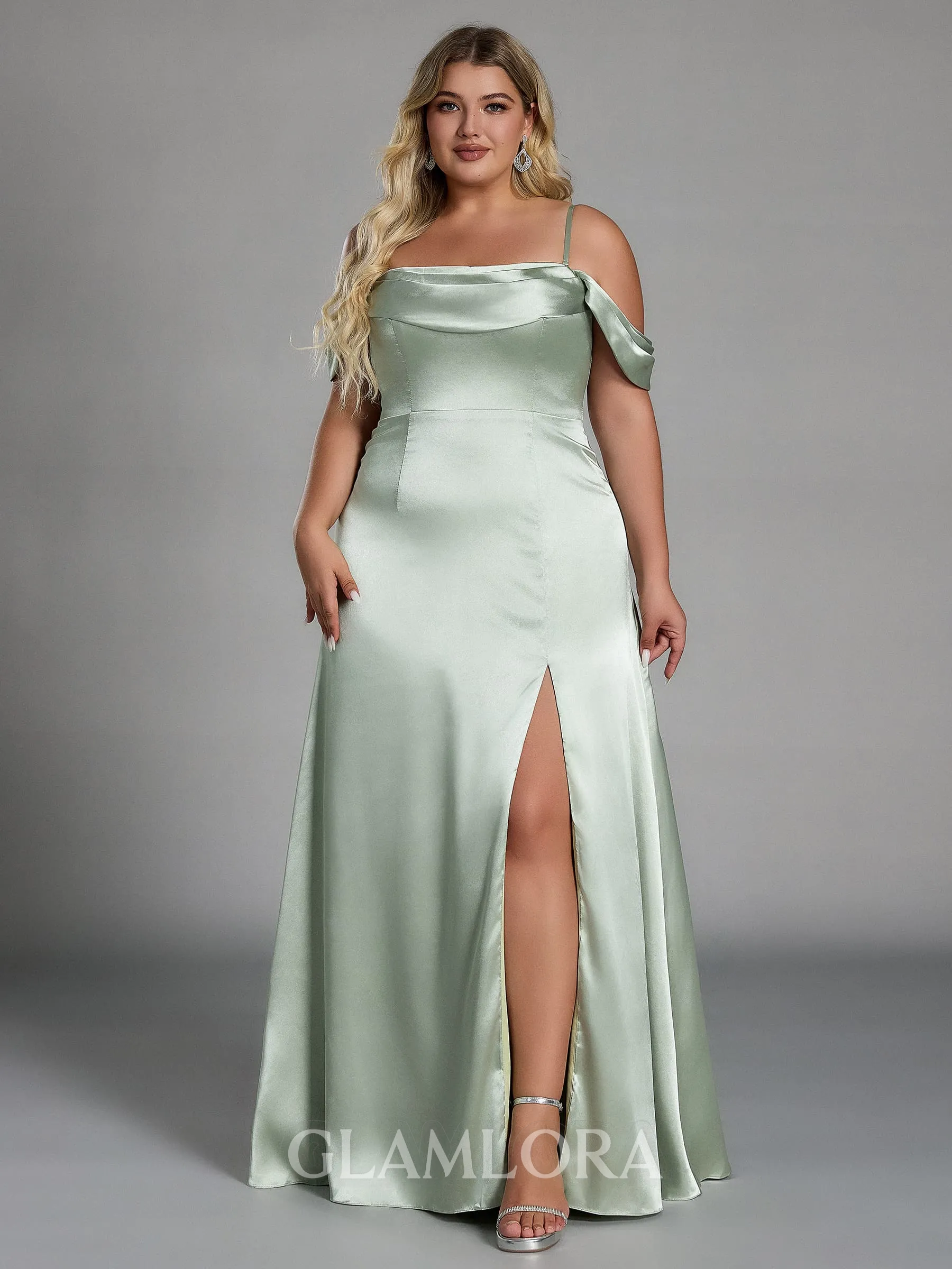 Glam Sheath Cowl Pleated Floor-Length Silk Like Satin Convertible Plus Size Bridesmaid Dress