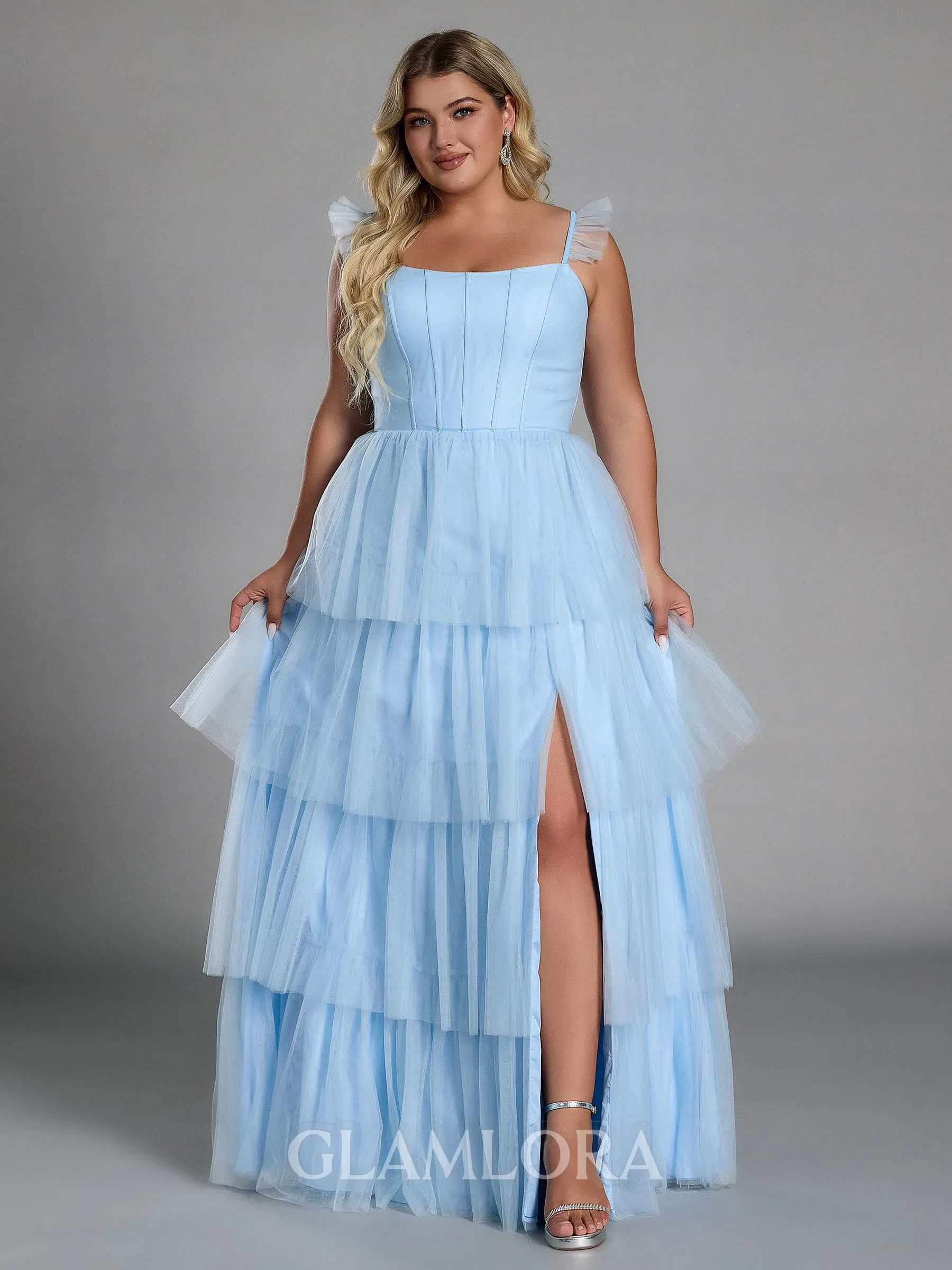 Pretty A-line Straps Cascading Ruffles Floor-Length Tulle Corset Plus Size Bridesmaid Dress