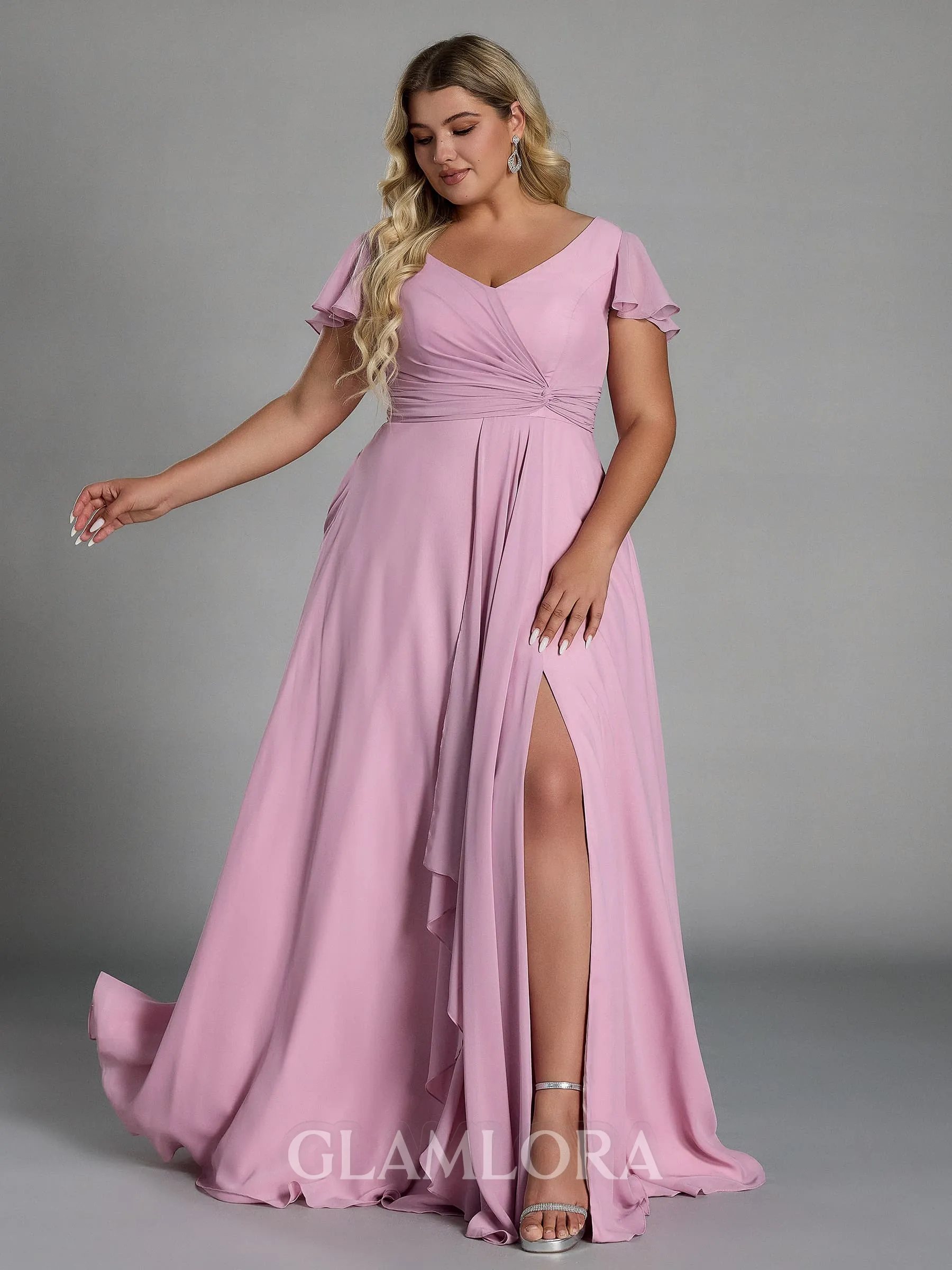 Exquisite A-line V-Neck Short Sleeves Ruffles Floor-Length Chiffon Plus Size Bridesmaid Dress