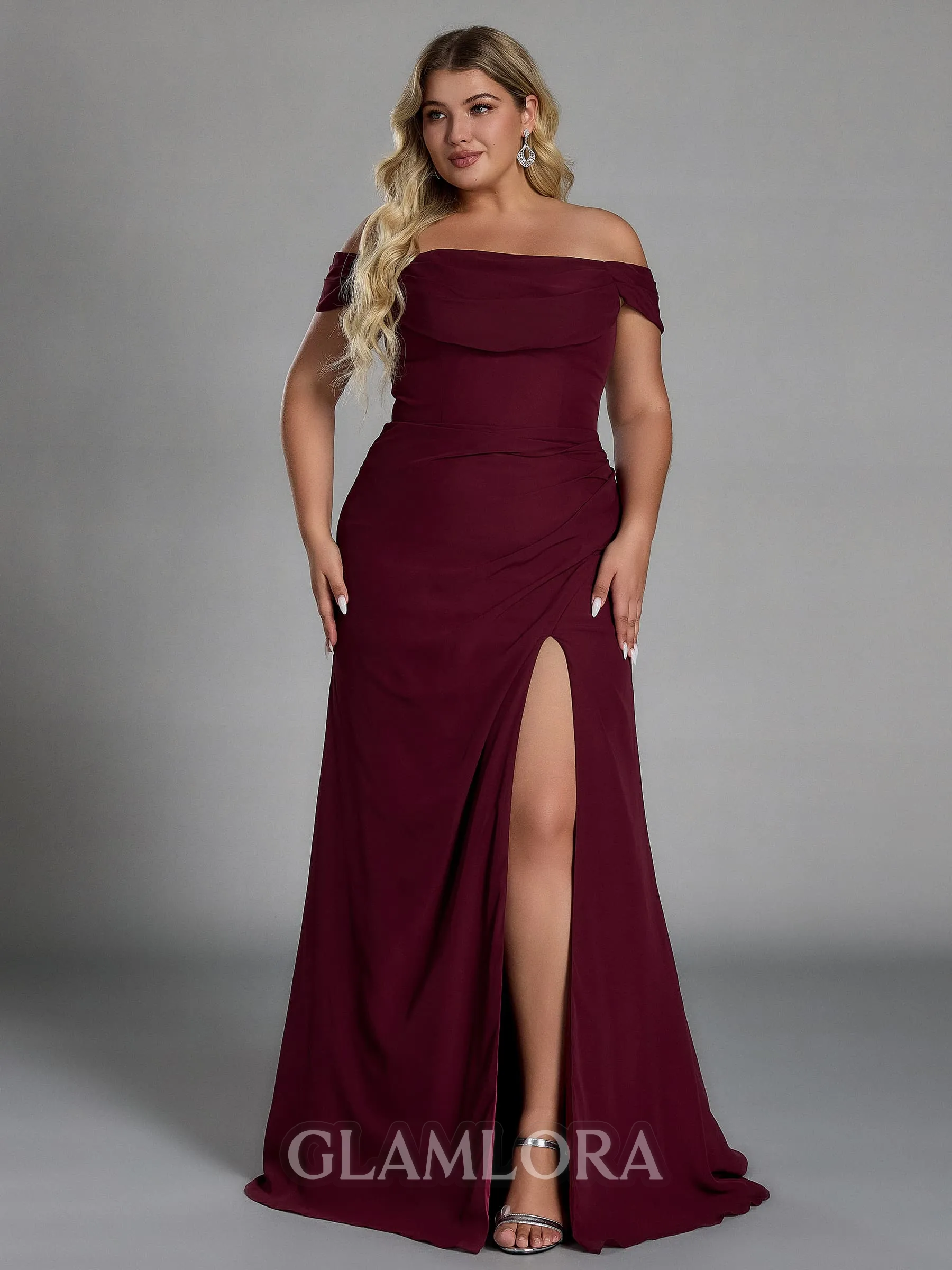 Striking Sheath Off-the-Shoulder Pleated Floor-Length Chiffon Corset Plus Size Bridesmaid Dress