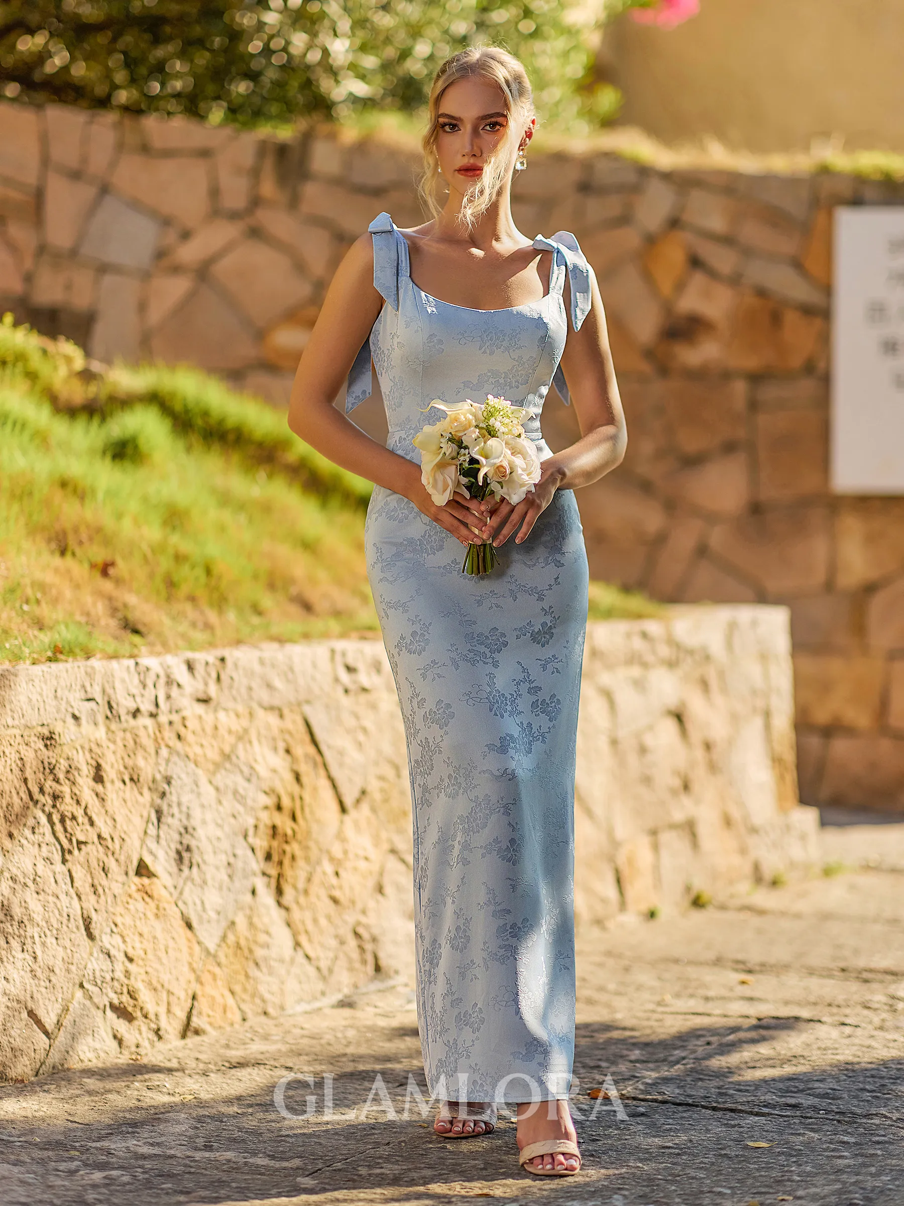 Trendy Sheath Square Bow Ankle-Length Bridesmaid Dress