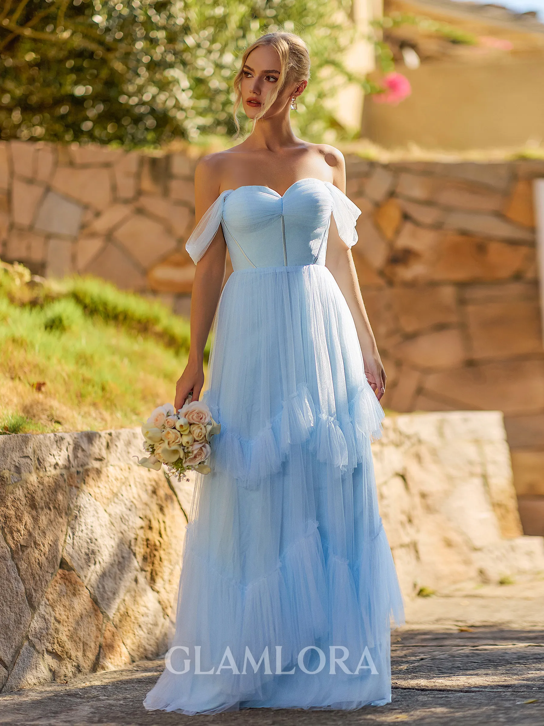 Unique A-line Off-the-Shoulder Ruffles Floor-Length Tulle Corset Bridesmaid Dress