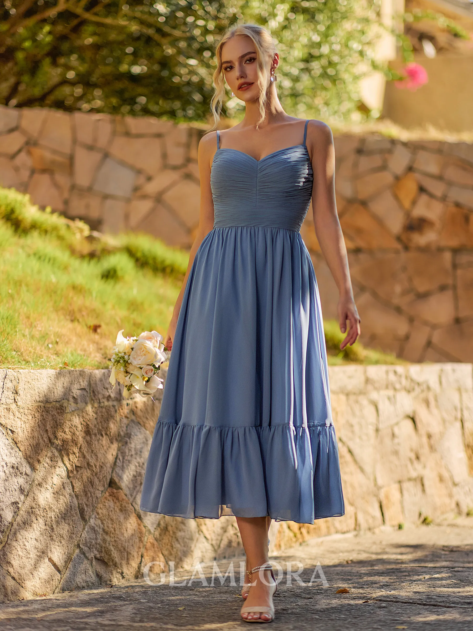 Pretty A-line V-Neck Pleated Tea-Length Chiffon Bridesmaid Dress