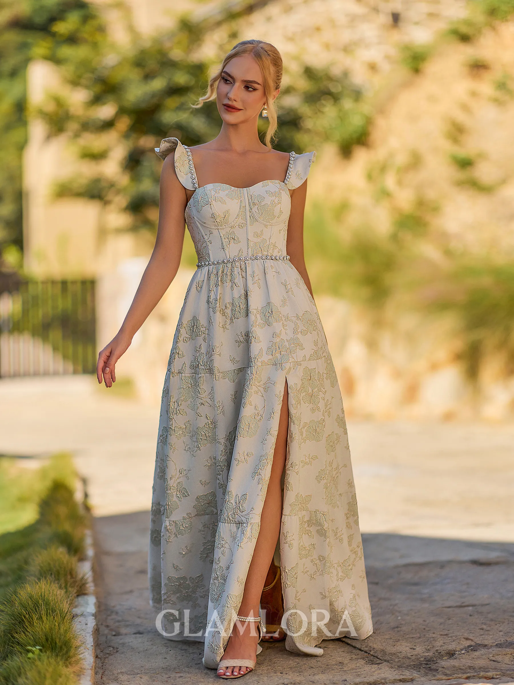 Hot A-line Square Beading Floor-Length Corset Bridesmaid Dress