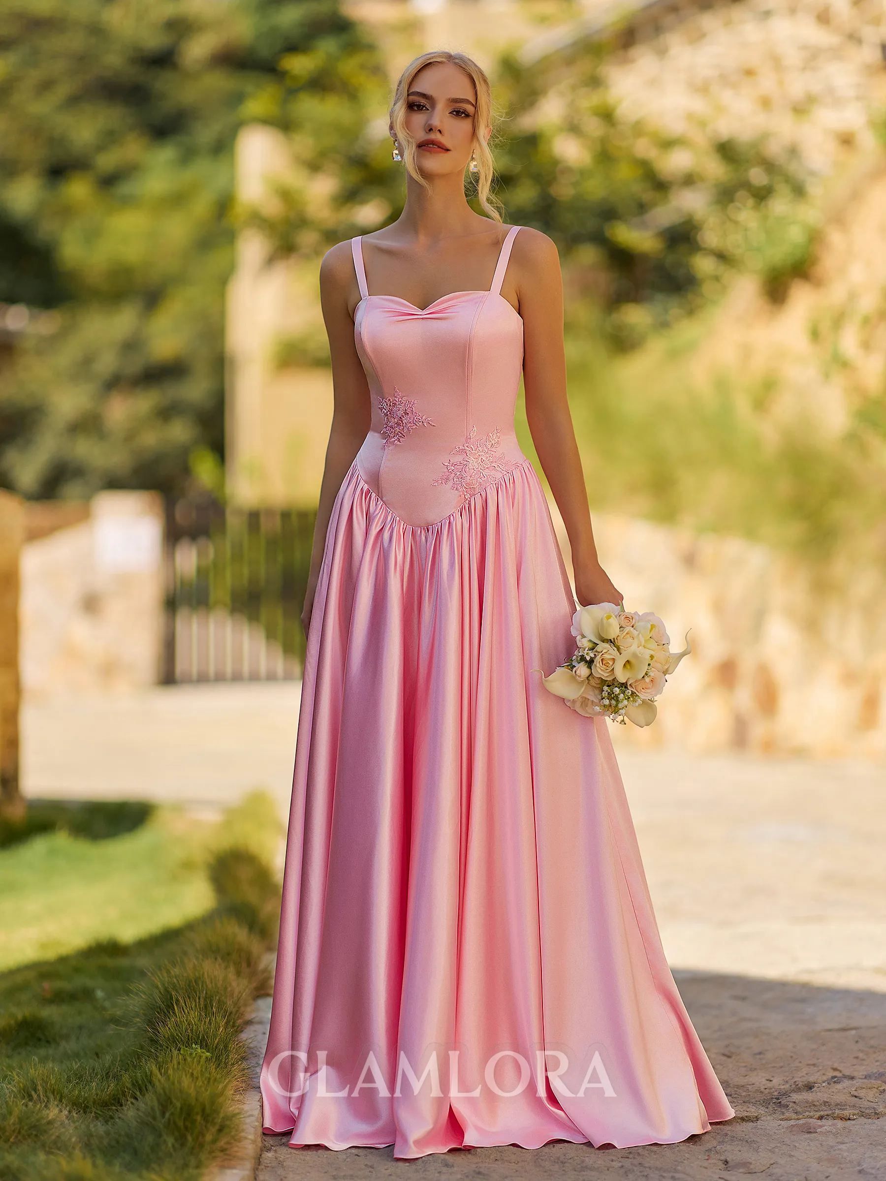 Delicate A-line Spaghetti Straps Appliques Lace Floor-Length Silk Like Satin Corset Bridesmaid Dress