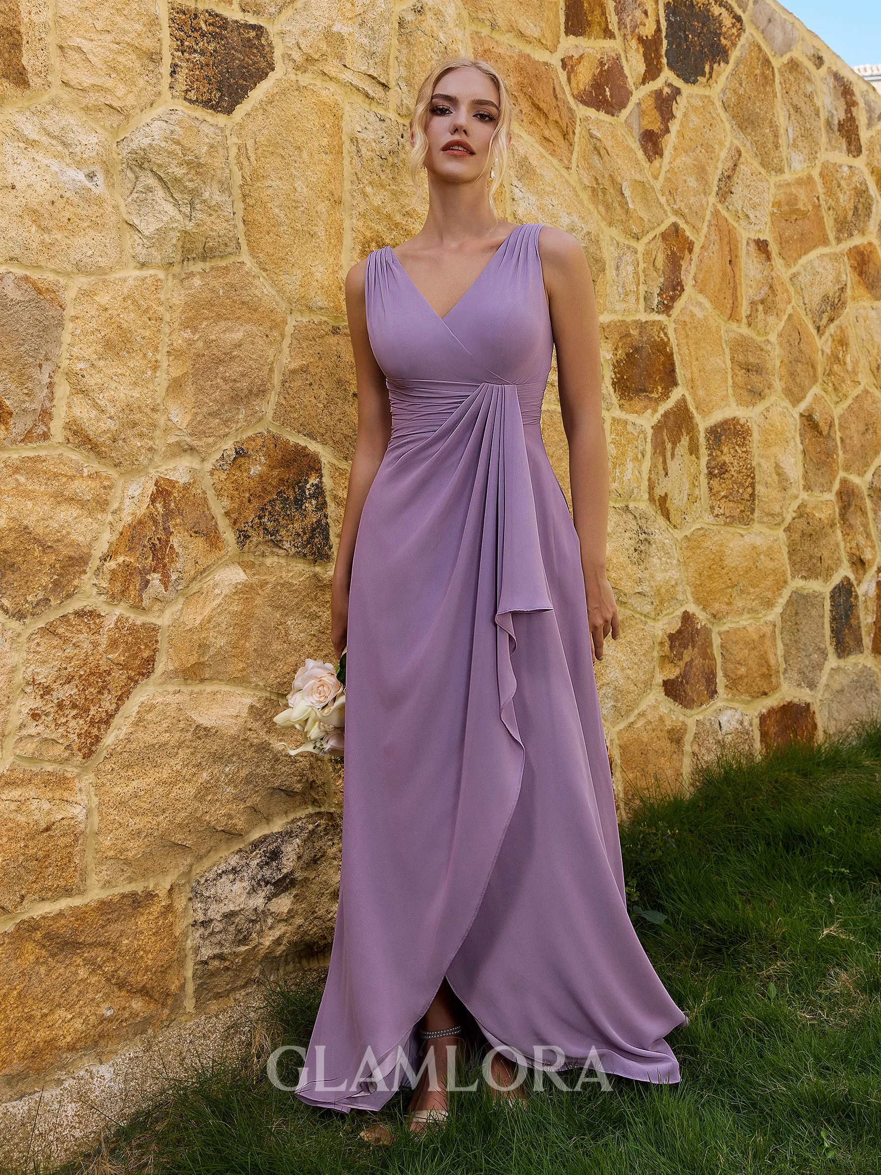 Elegant A-line V-Neck Pleated Floor-Length Chiffon Corset Bridesmaid Dress
