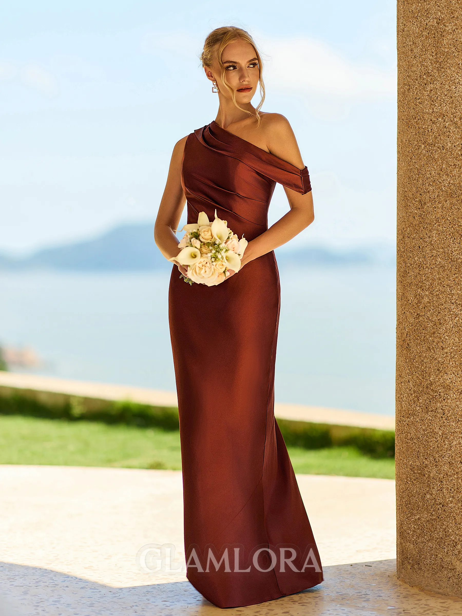 Opulent Sheath One-Shoulder Pleated Floor-Length Silk Like Satin Bridesmaid Dress