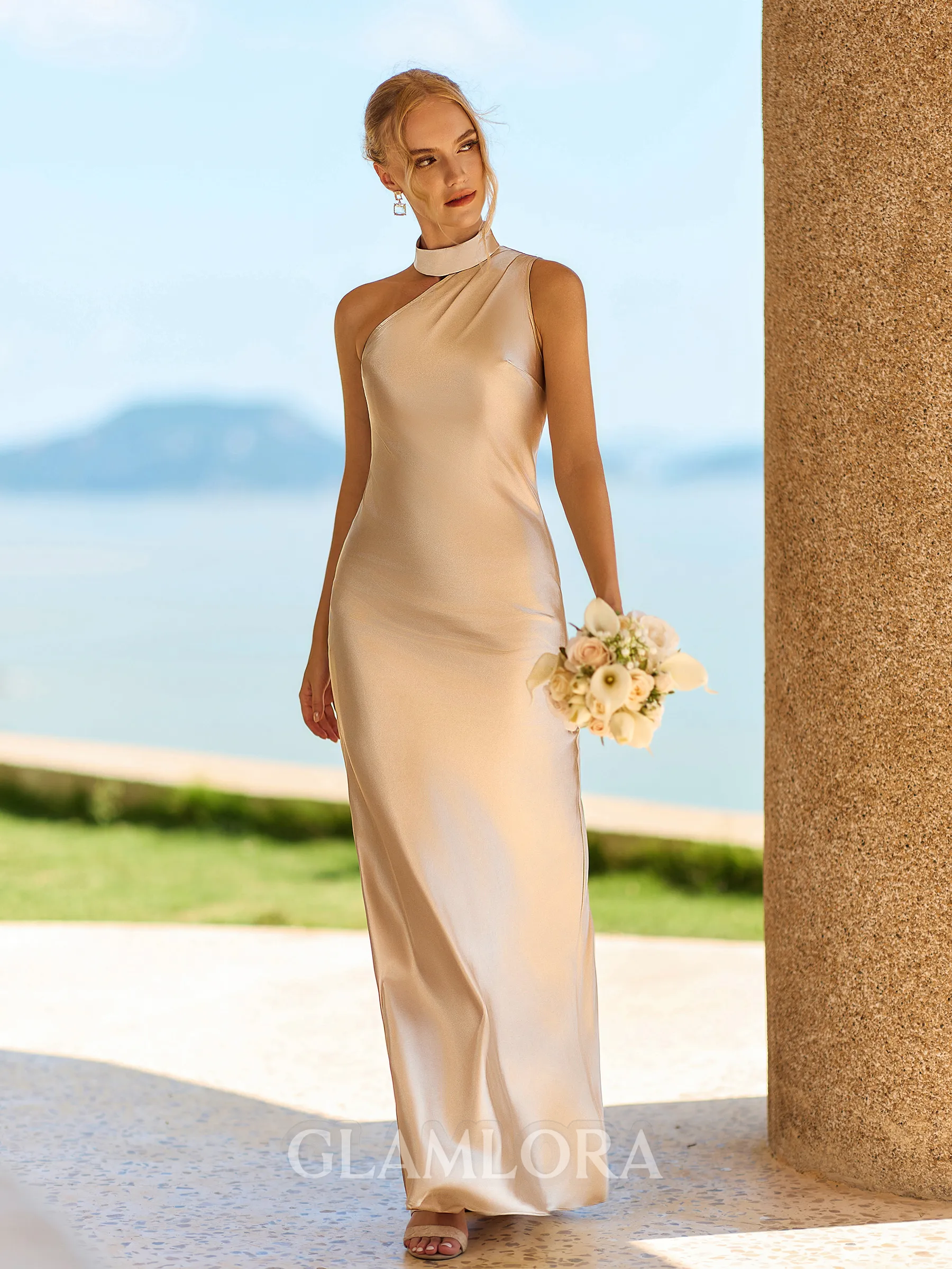 Grand Sheath Halter Pleated Floor-Length Silk Like Satin Bridesmaid Dress