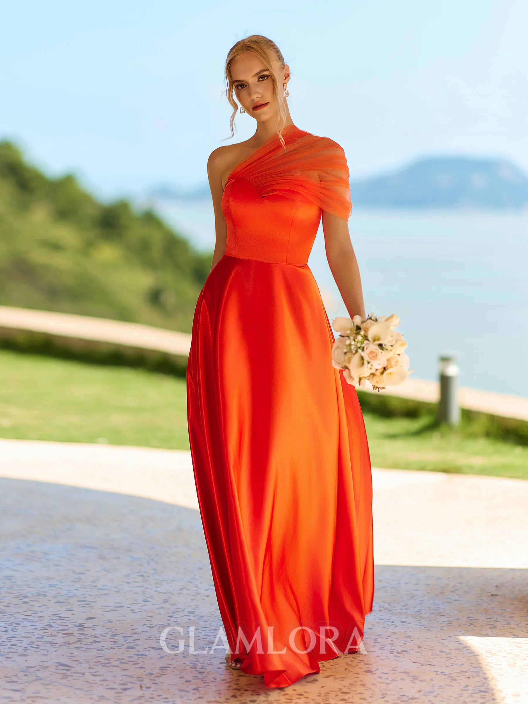 Breathtaking A-line One-Shoulder Pleated Floor-Length Silk Like Satin Bridesmaid Dress