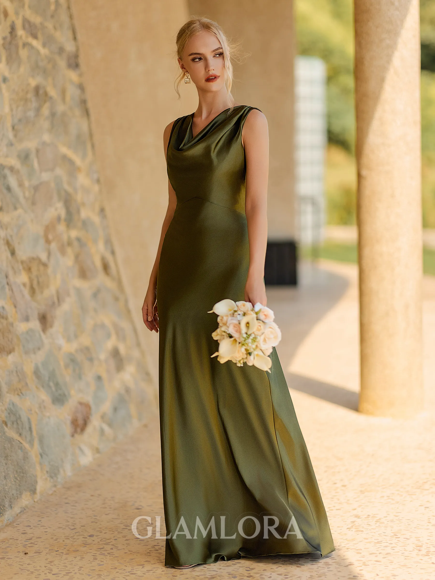 Captivating Sheath Cowl Floor-Length Silk Like Satin Bridesmaid Dress