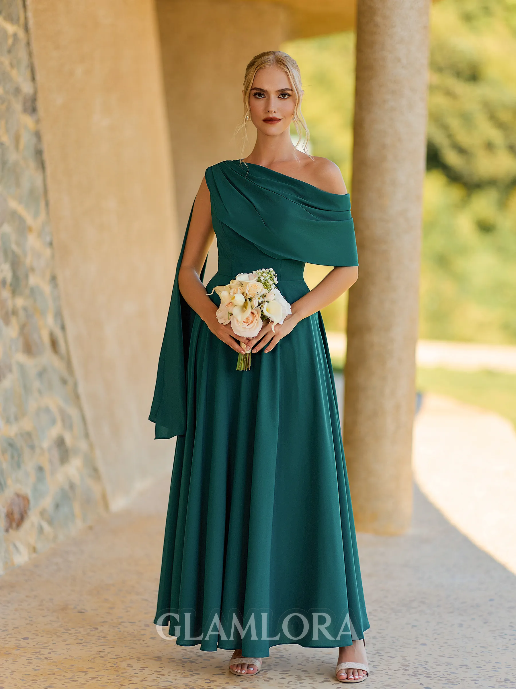 Magnificent A-line One-Shoulder Pleated Ankle-Length Corset Bridesmaid Dress