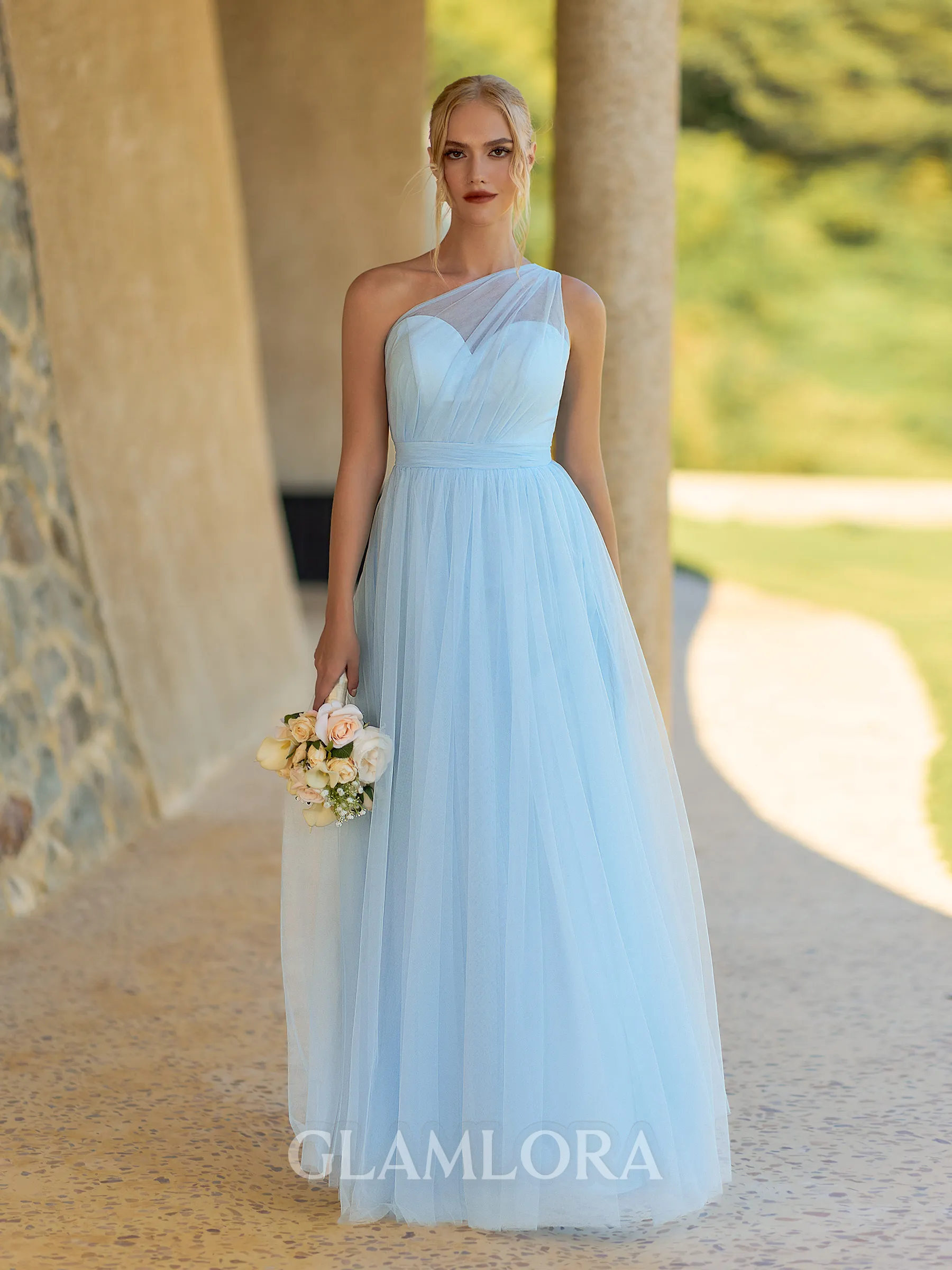 Splendiferous A-line One-Shoulder Pleated Floor-Length Tulle Corset Bridesmaid Dress