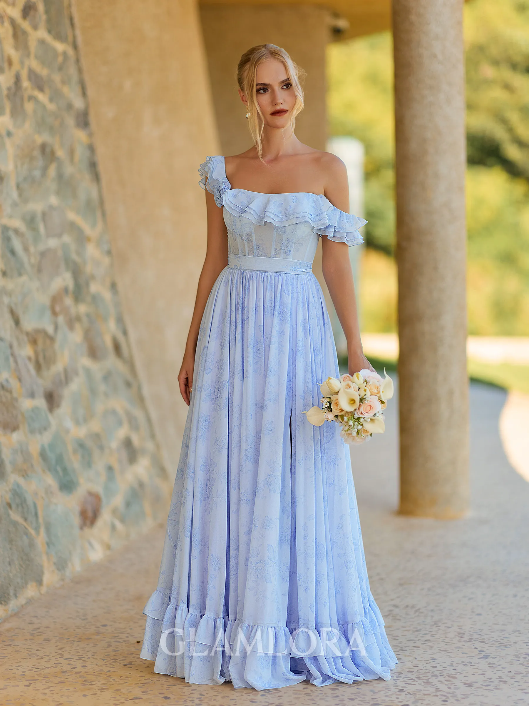Extravagant A-line One-Shoulder Ruffles Floor-Length Corset Bridesmaid Dress