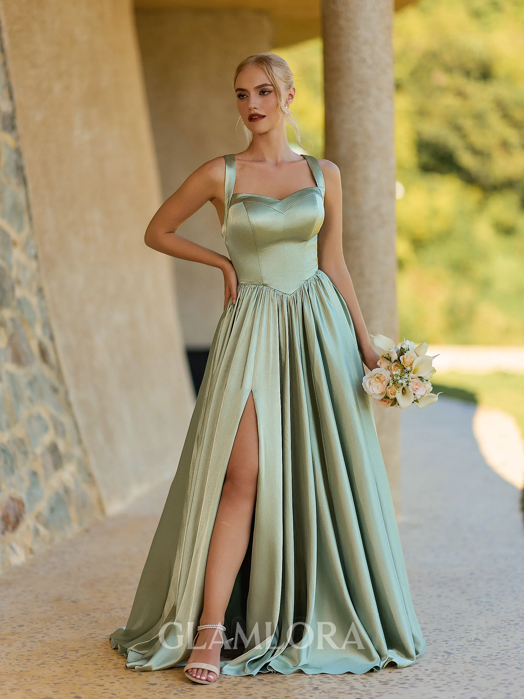 Unforgettable A-line Straps Floor-Length Silk Like Satin Corset Bridesmaid Dress