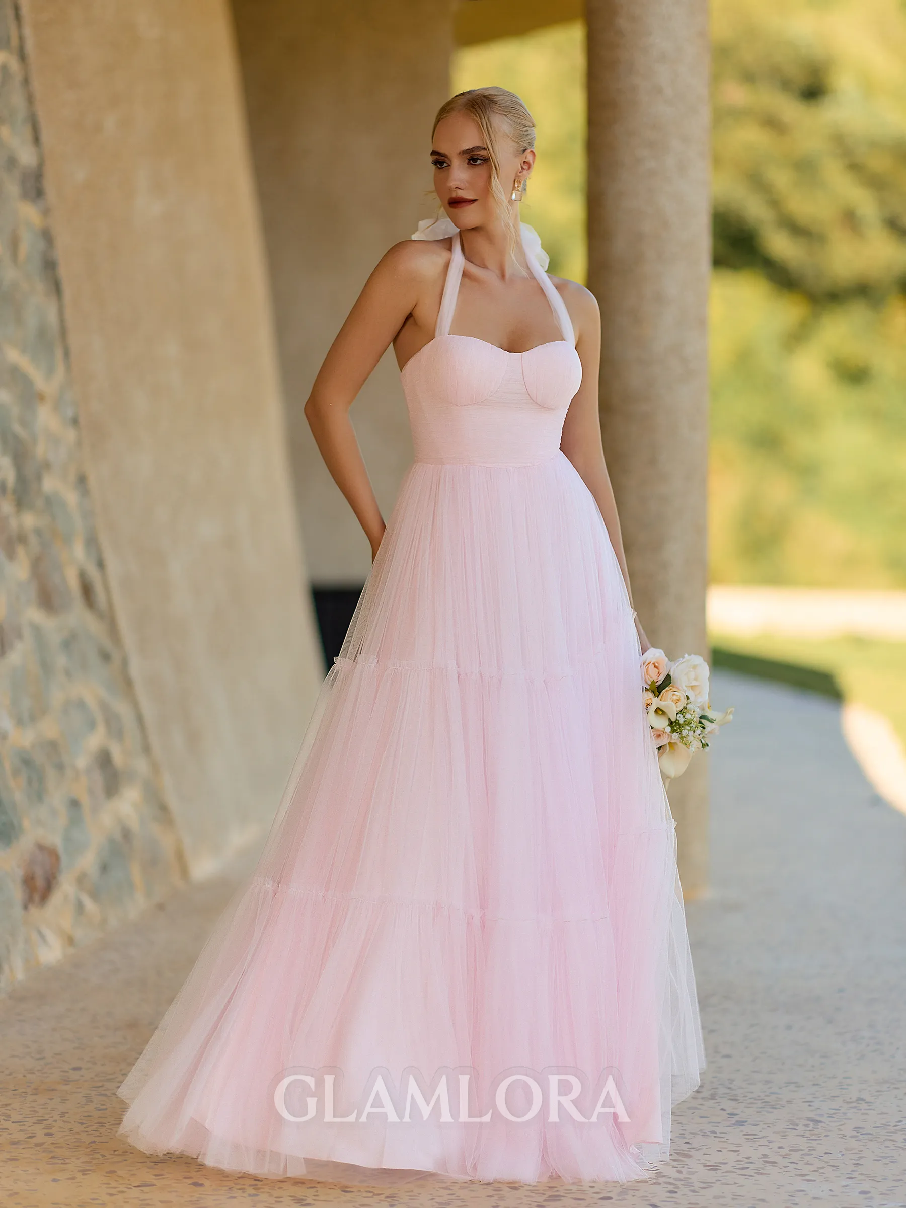 Fashion-forward A-line Halter Pleated Floor-Length Tulle Corset Bridesmaid Dress