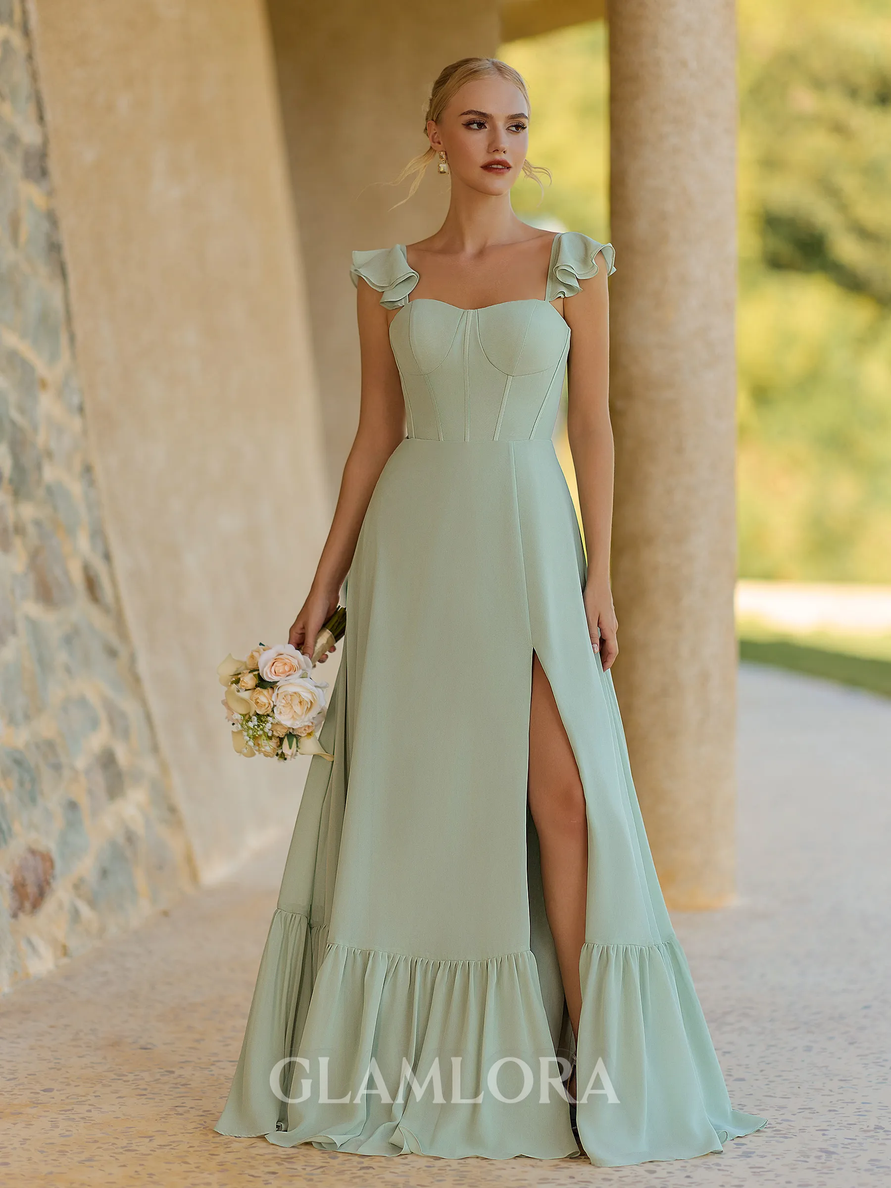 Unique A-line Straps Ruffles Floor-Length Chiffon Corset Bridesmaid Dress