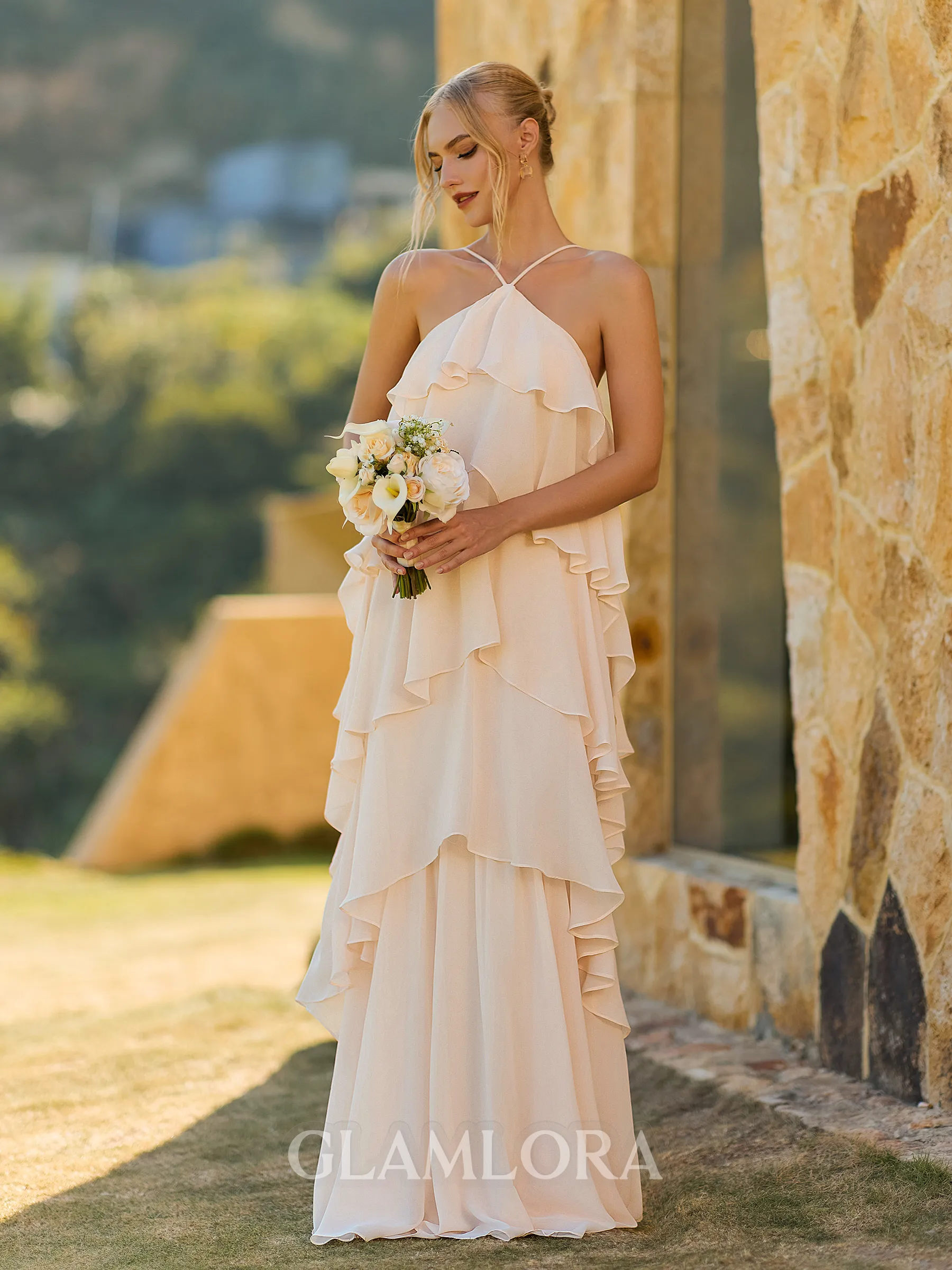 Hermosos Sheath Halter Cascading Ruffles Floor-Length Chiffon Bridesmaid Dress