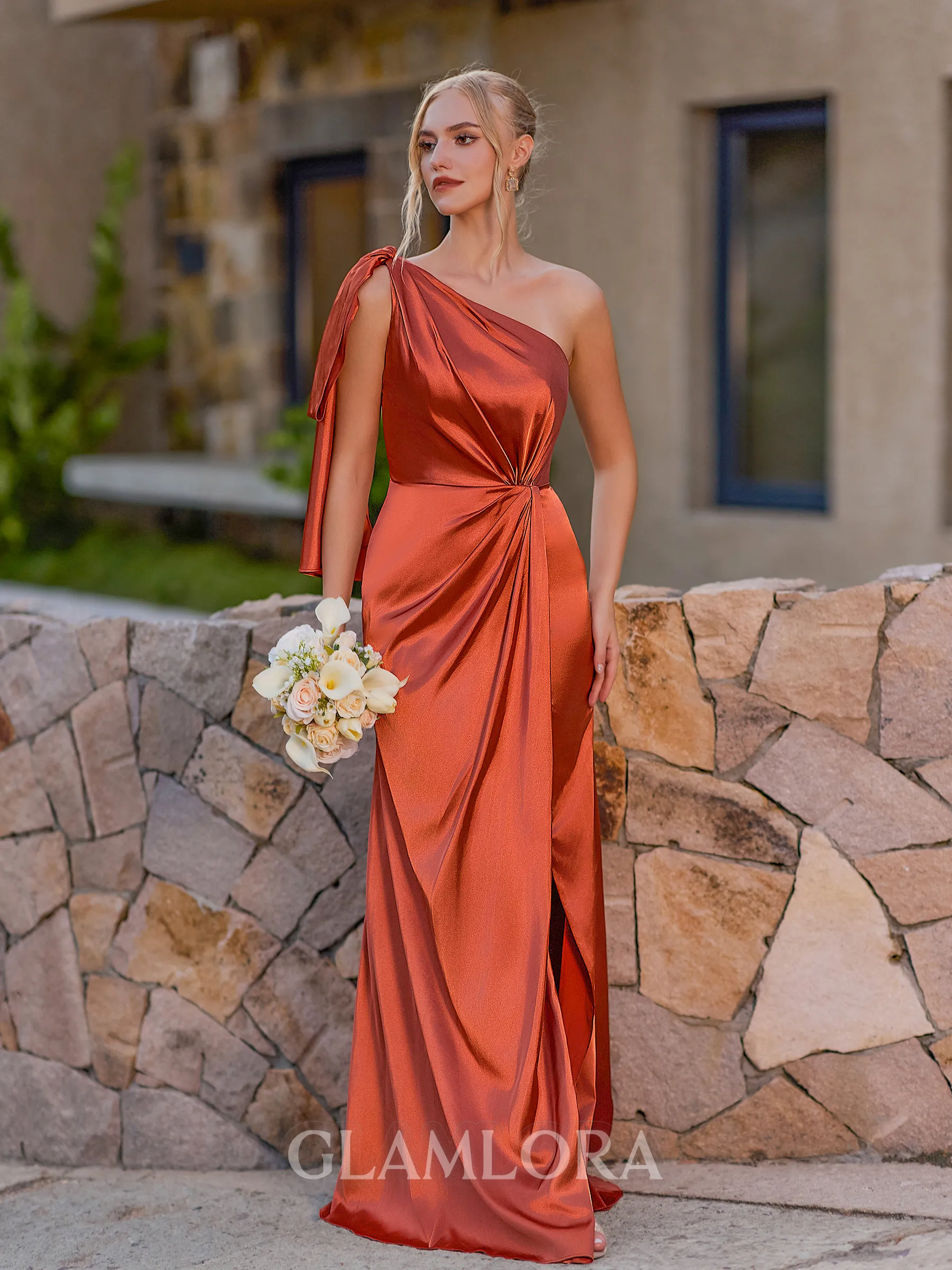 Grand Sheath One-Shoulder Pleated Floor-Length Silk Like Satin Corset Bridesmaid Dress