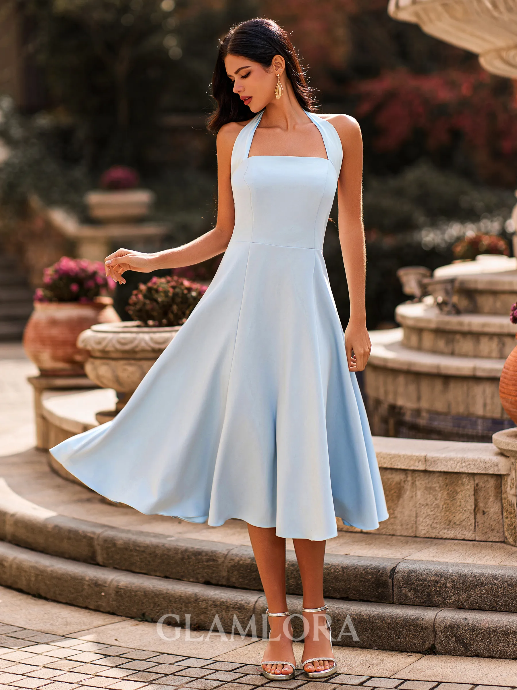 Splendid A-line Halter Bow Tea-Length Wedding Guest Dress