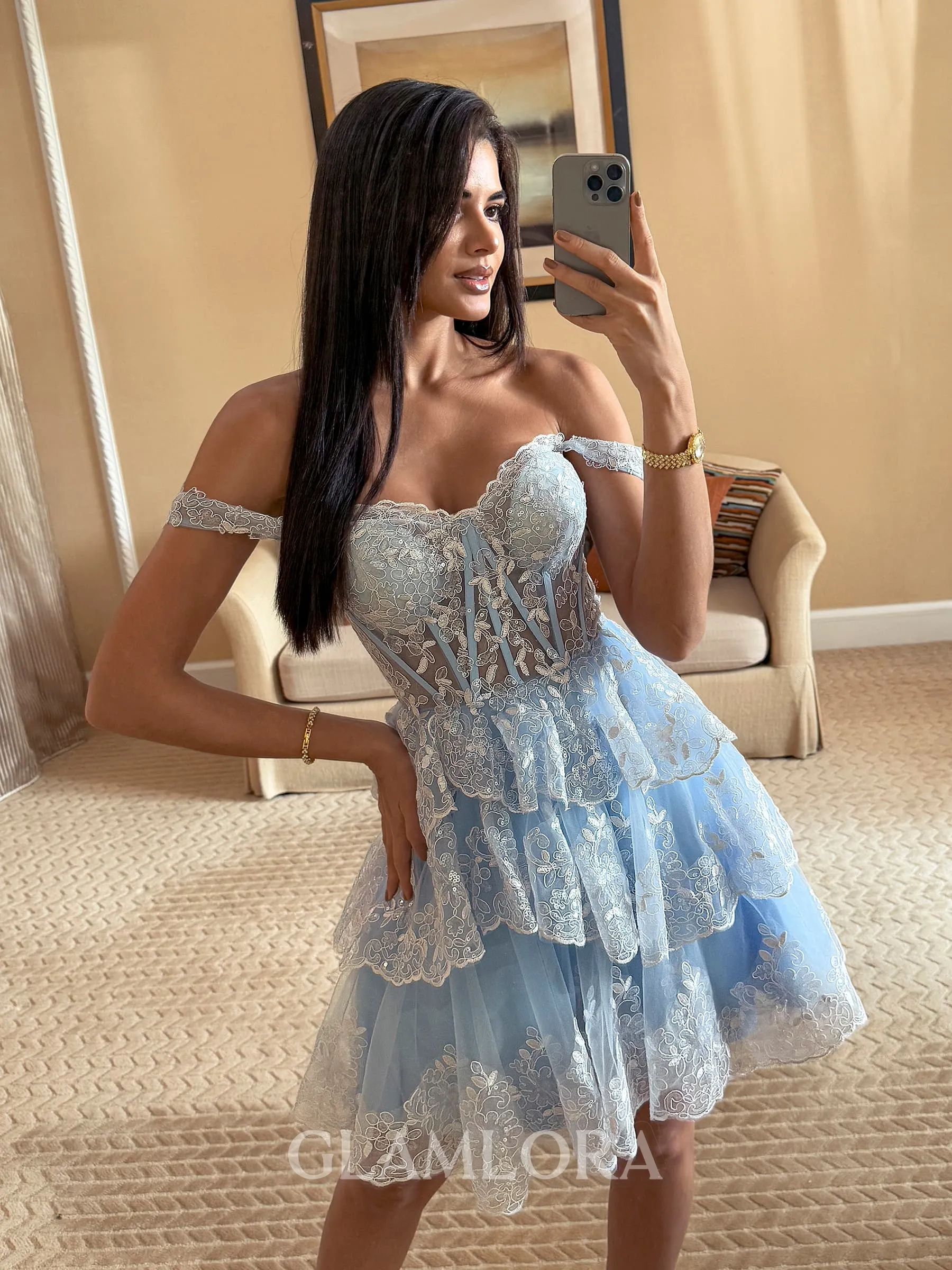 Glamorous Ball-Gown Off-the-Shoulder Appliques Lace Short/Mini Tulle Corset Dress