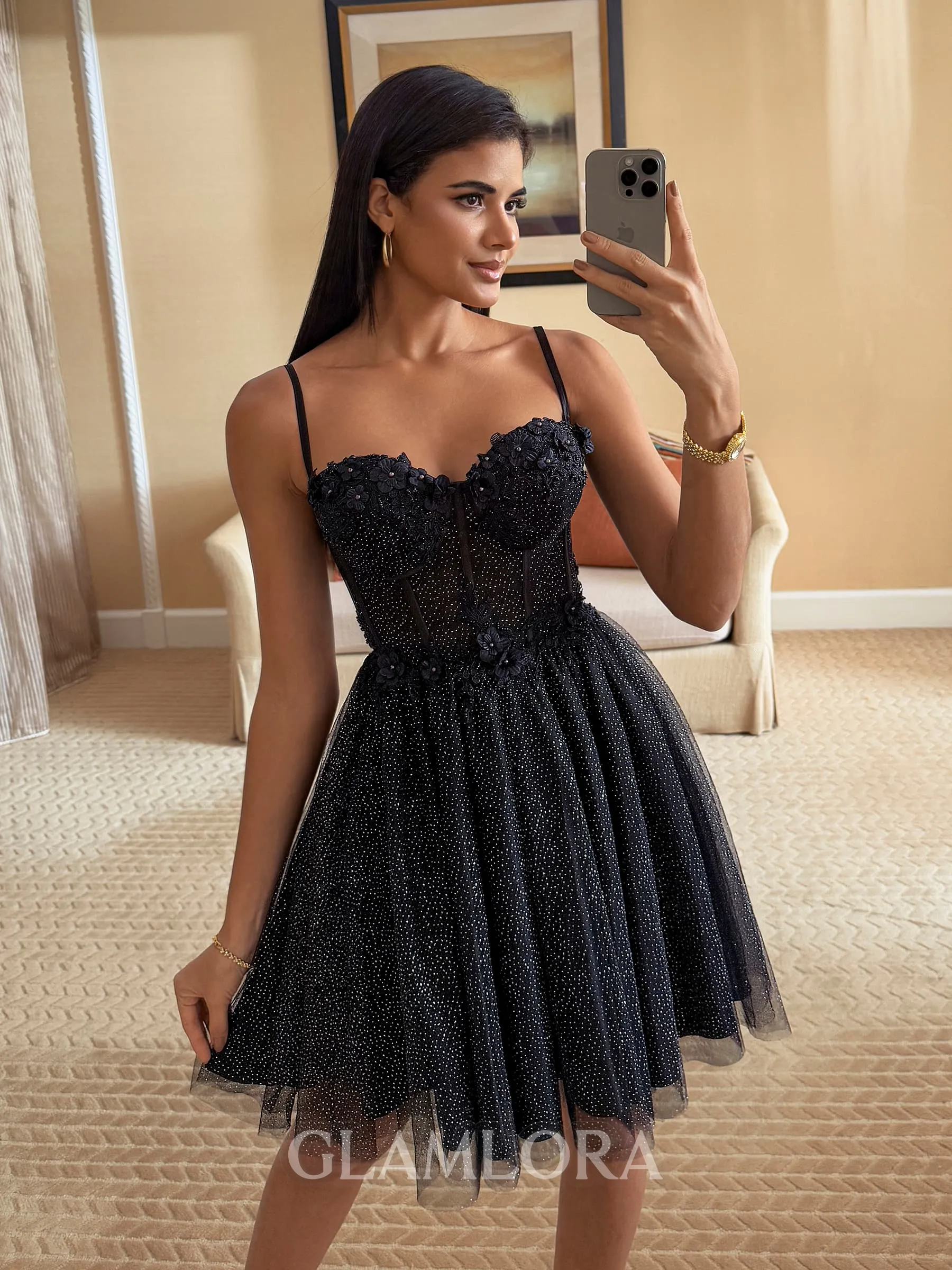 Fashion-forward A-line Spaghetti Straps Appliques Lace Short/Mini Tulle Corset Dress