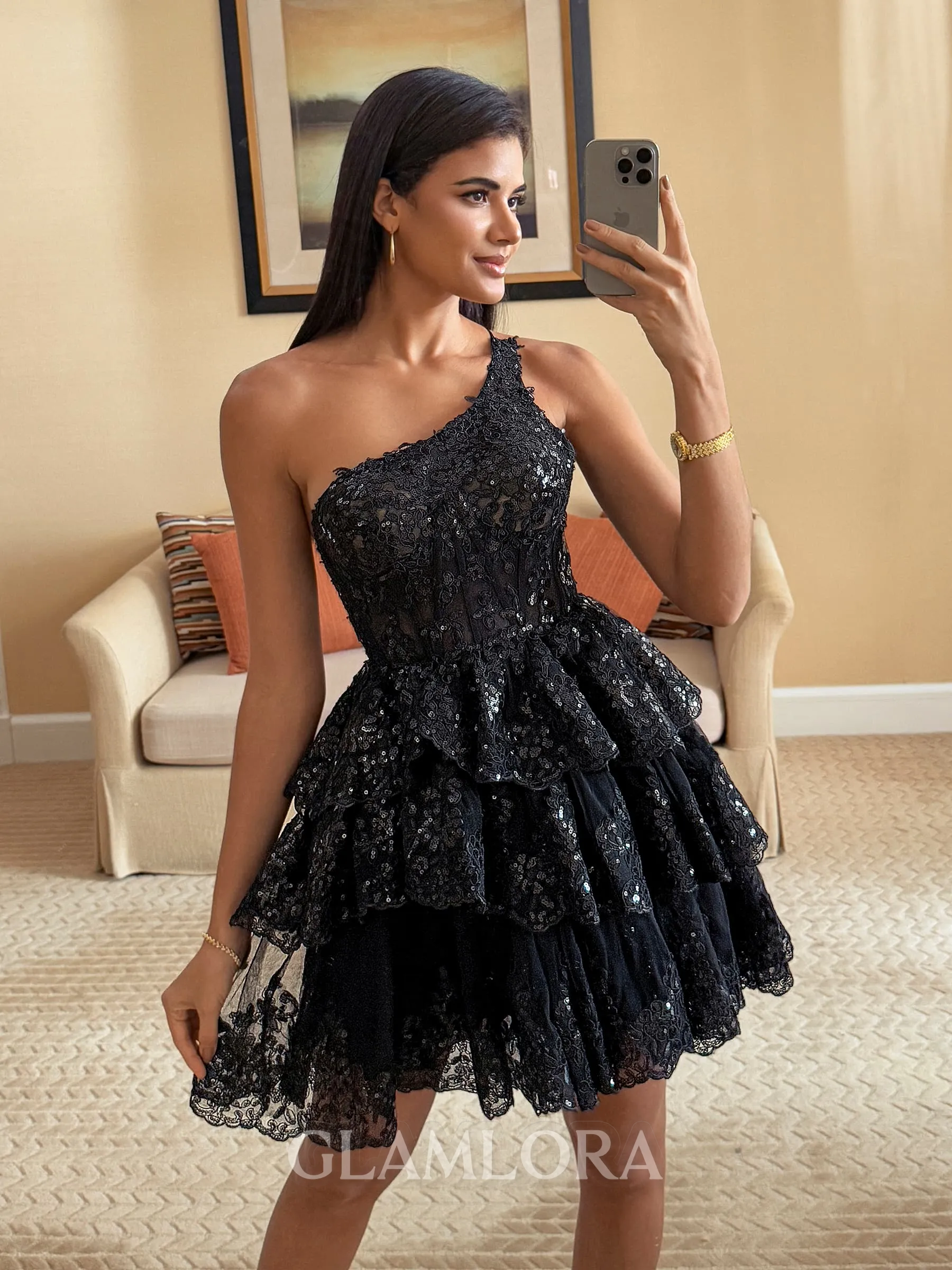 Delicate Ball-Gown One-Shoulder Appliques Lace Short/Mini Tulle Corset Dress