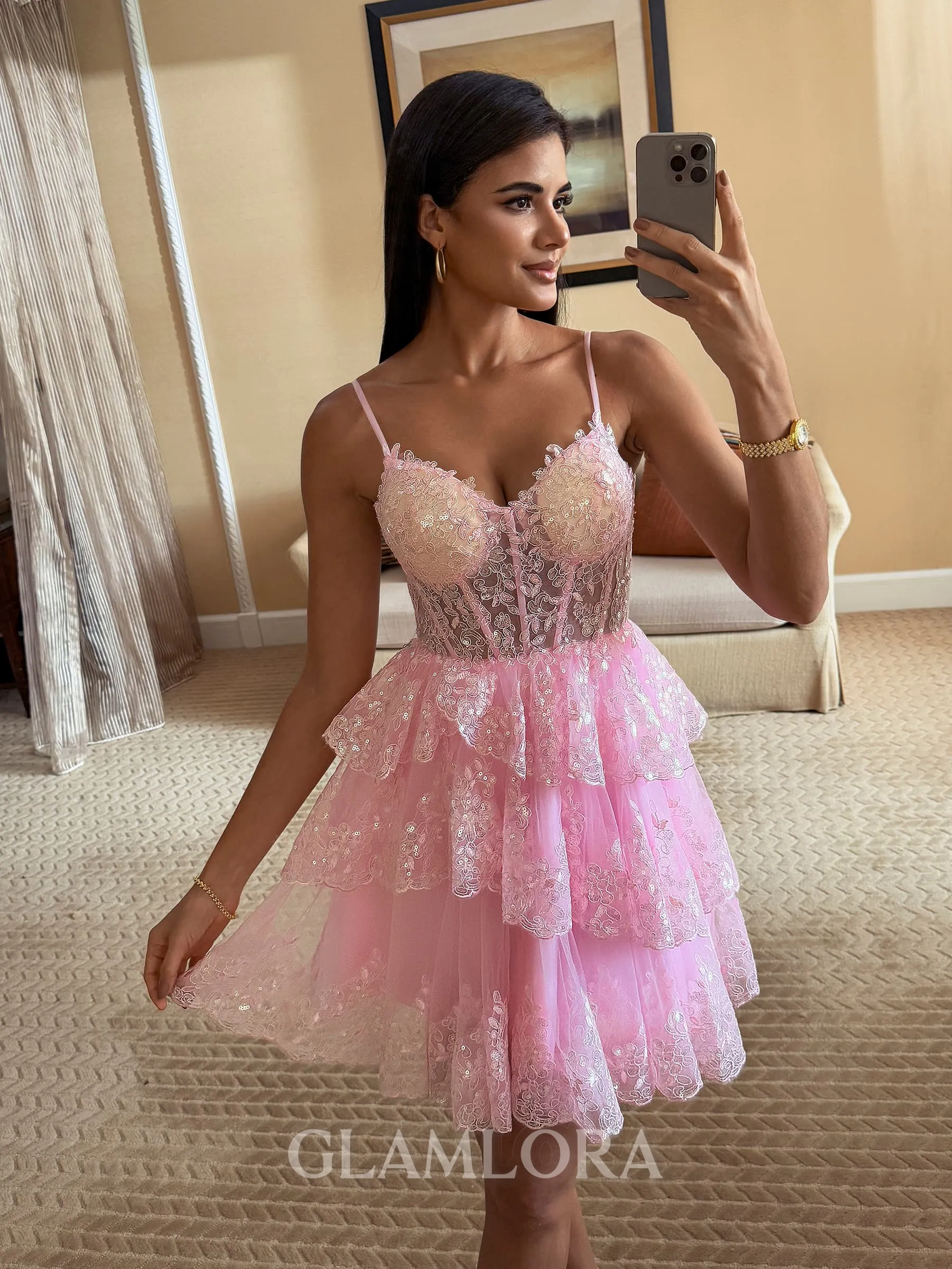 Elegant Ball-Gown V-Neck Appliques Lace Short/Mini Tulle Corset Dress
