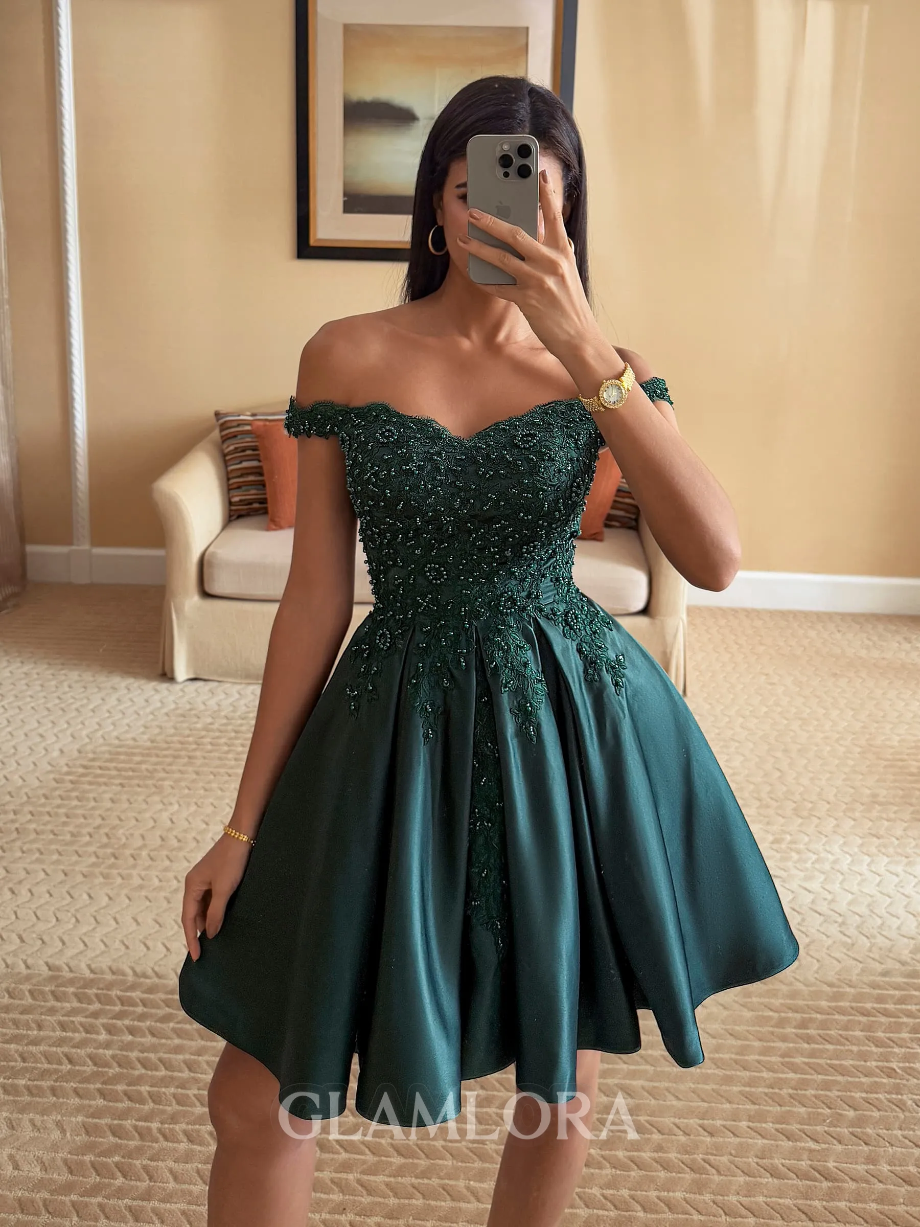 Stunning Ball-Gown Off-the-Shoulder Beading Short/Mini Satin Dress