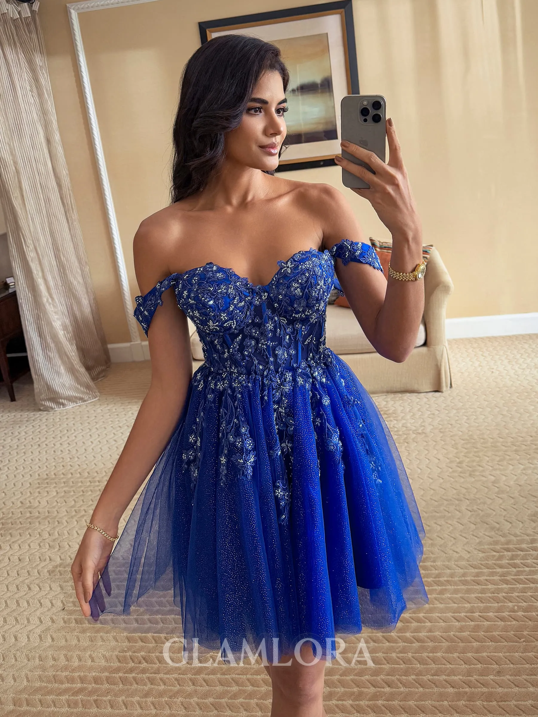 Unique Ball-Gown Off-the-Shoulder Appliques Lace Short/Mini Tulle Corset Dress