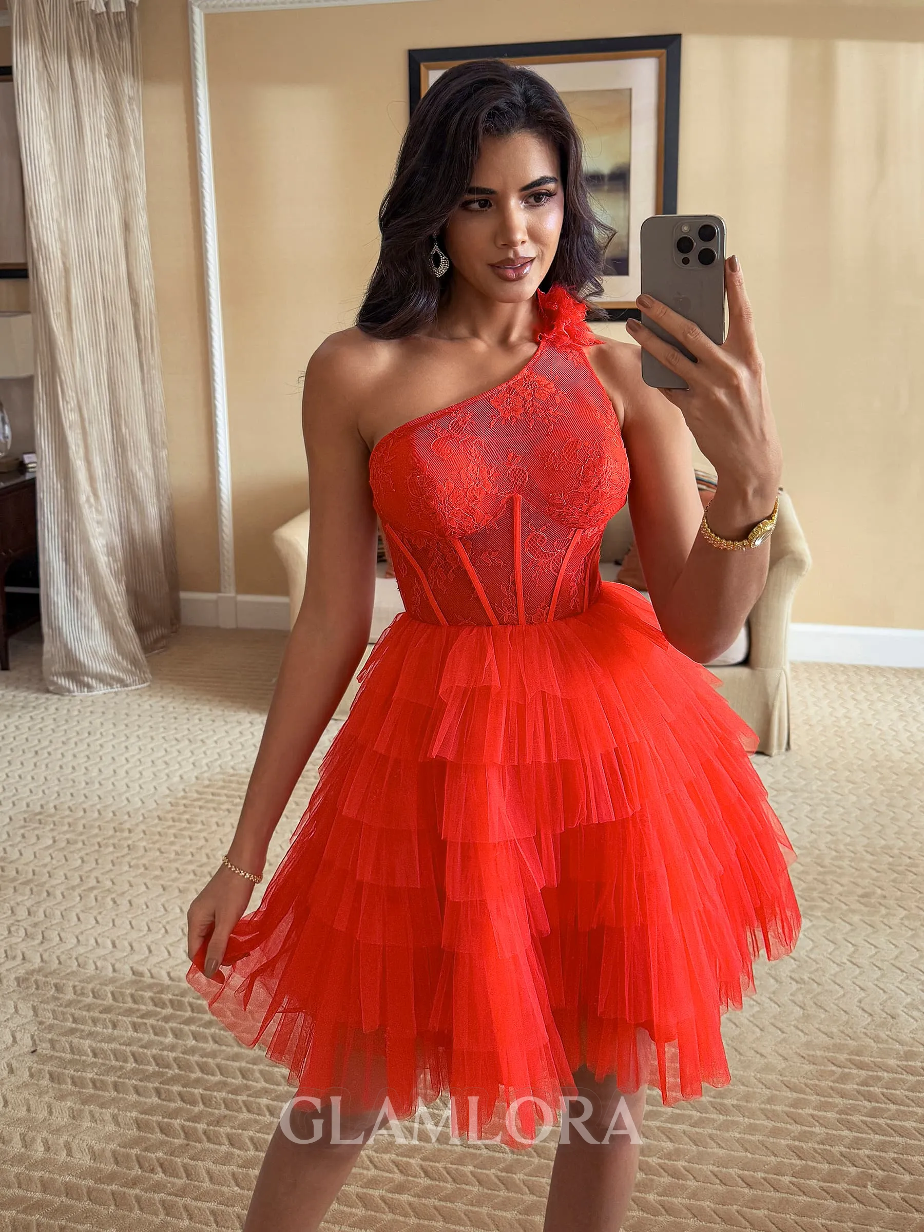 Stunning Ball-Gown One-Shoulder Appliques Lace Short/Mini Tulle Corset Dress