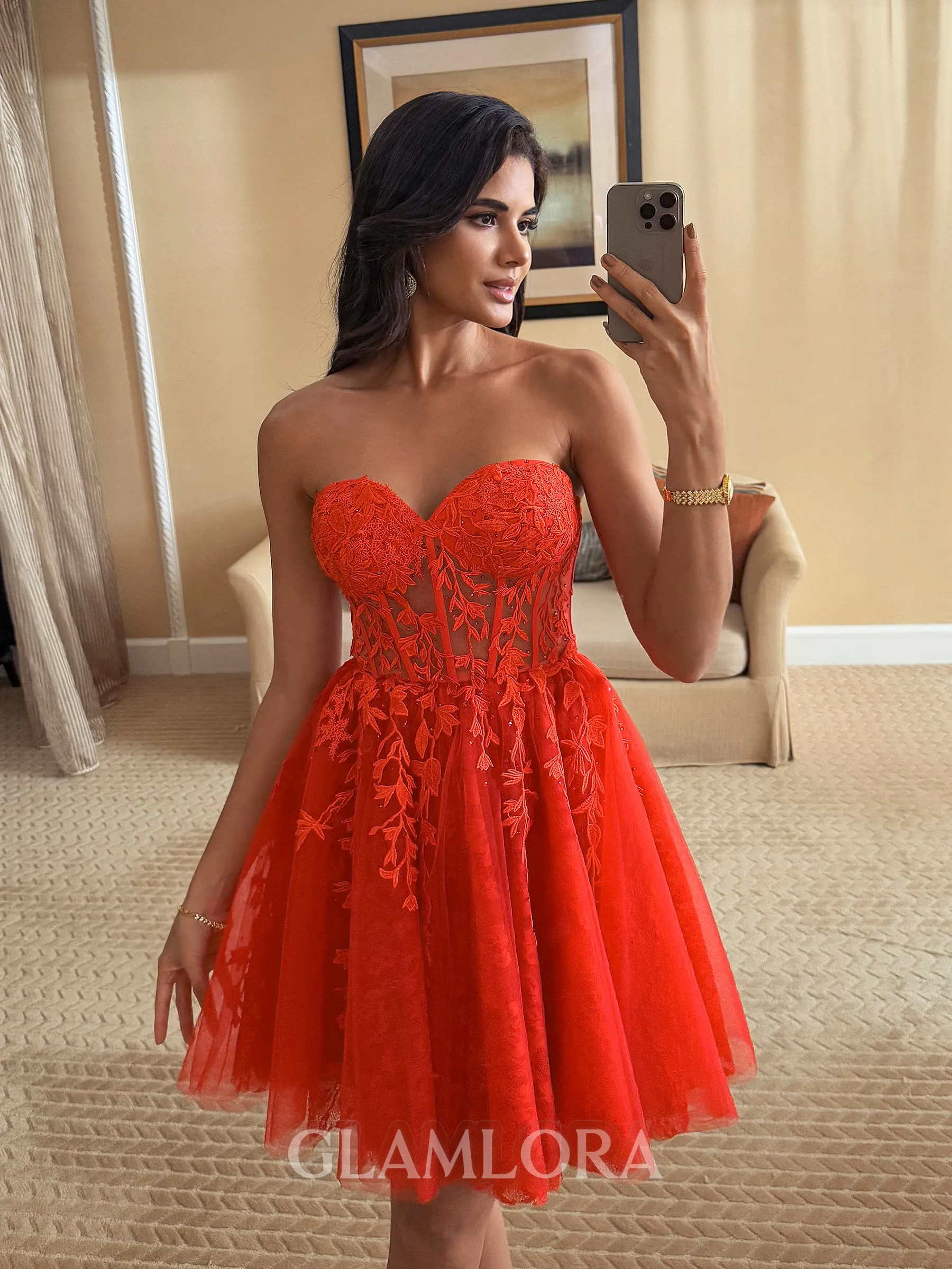 Aristocratic A-line Sweetheart Appliques Lace Short/Mini Tulle Corset Dress