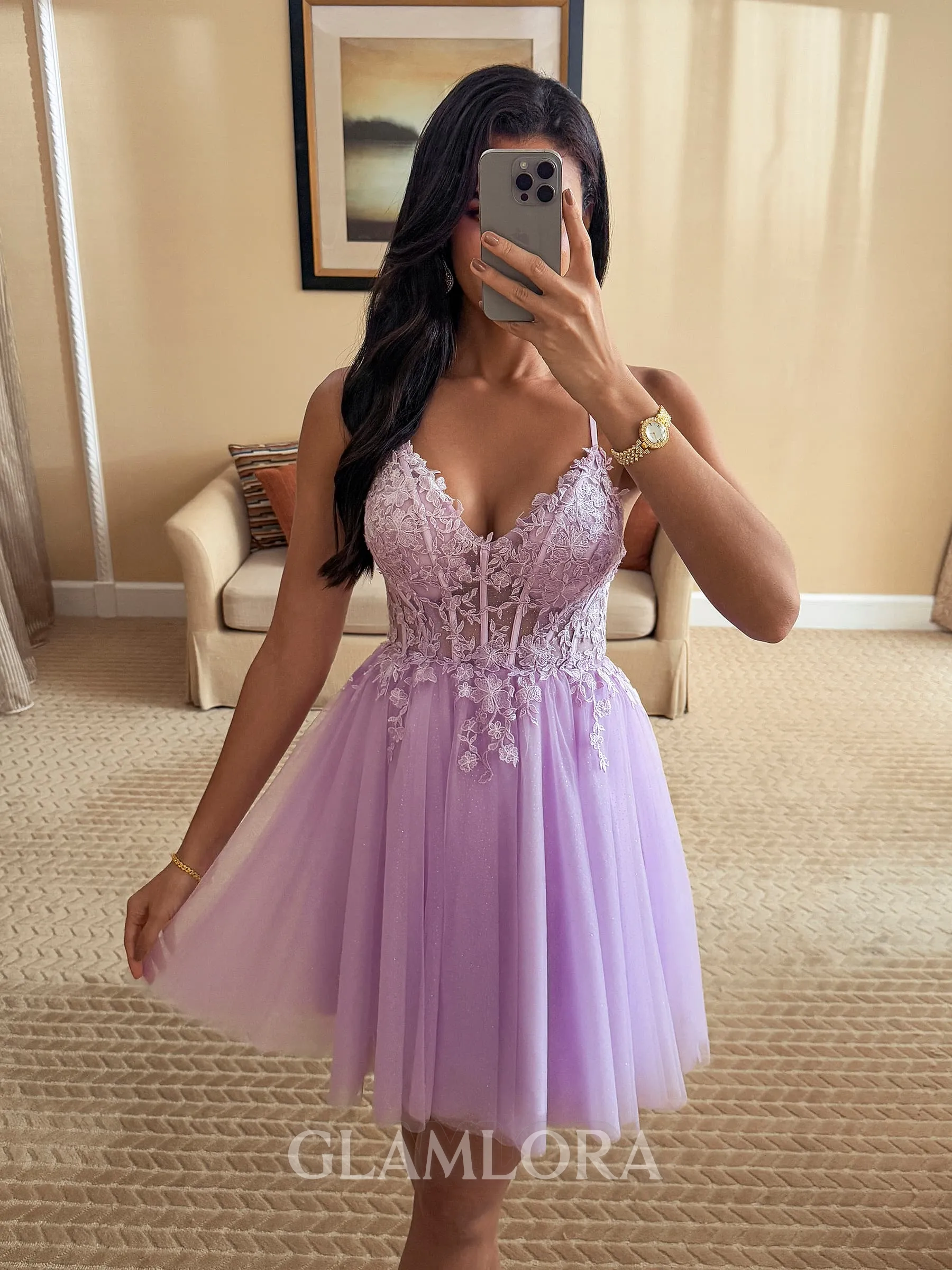 Trendy A-line V-Neck Appliques Lace Short/Mini Tulle Corset Dress