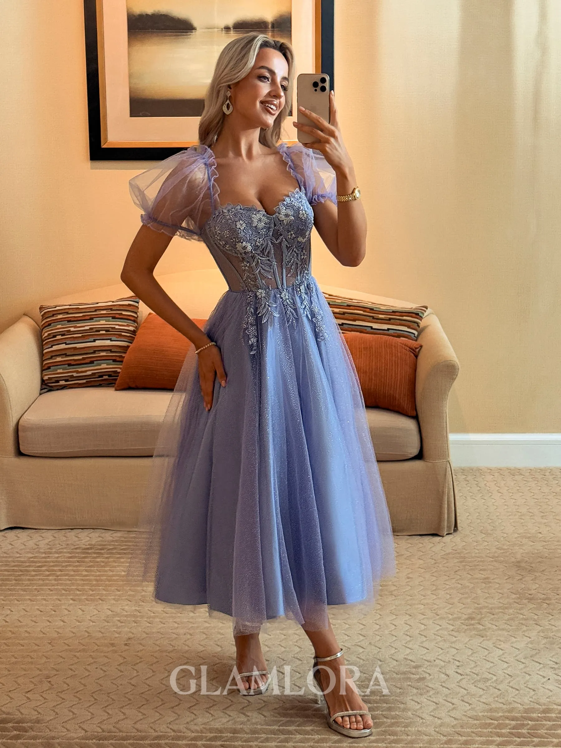 Aristocratic A-line Sweetheart Short Sleeves Corset Appliques Lace Tea-Length Lace Dress