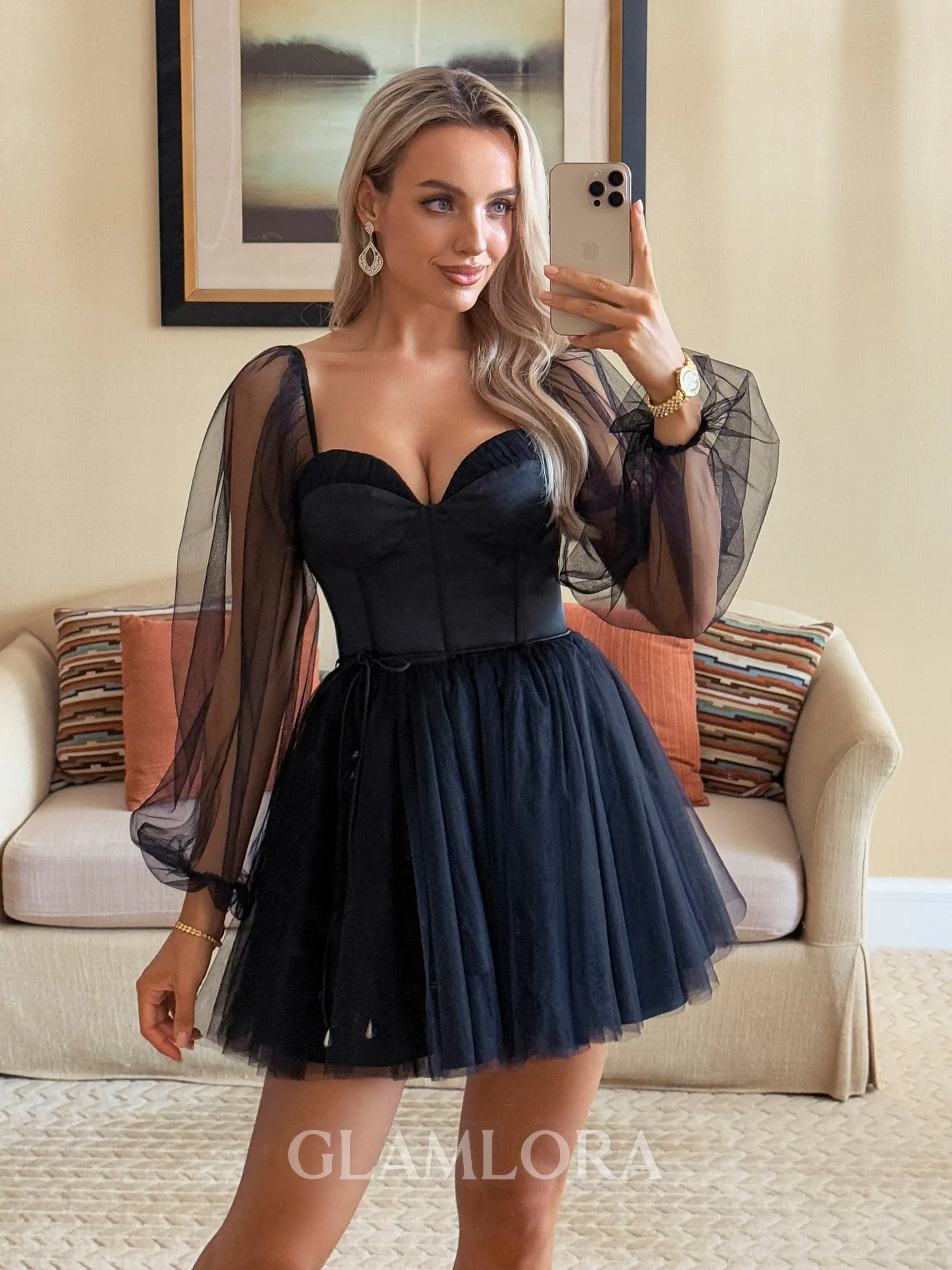 Trendy A-line Sweetheart Long Sleeves Corset Bow Short/Mini Tulle Dress