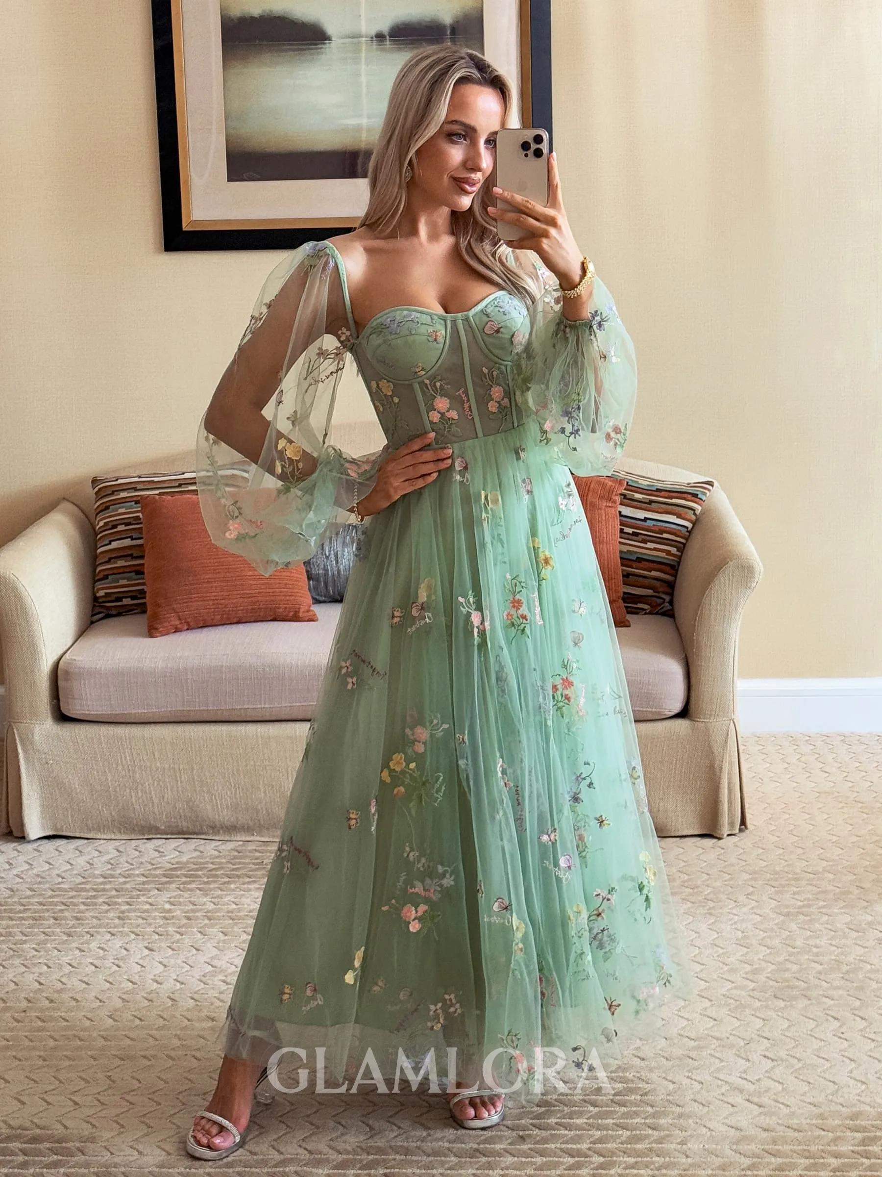 Hermosos A-line Sweetheart Long Sleeves Corset Flower Tea-Length Lace Dress