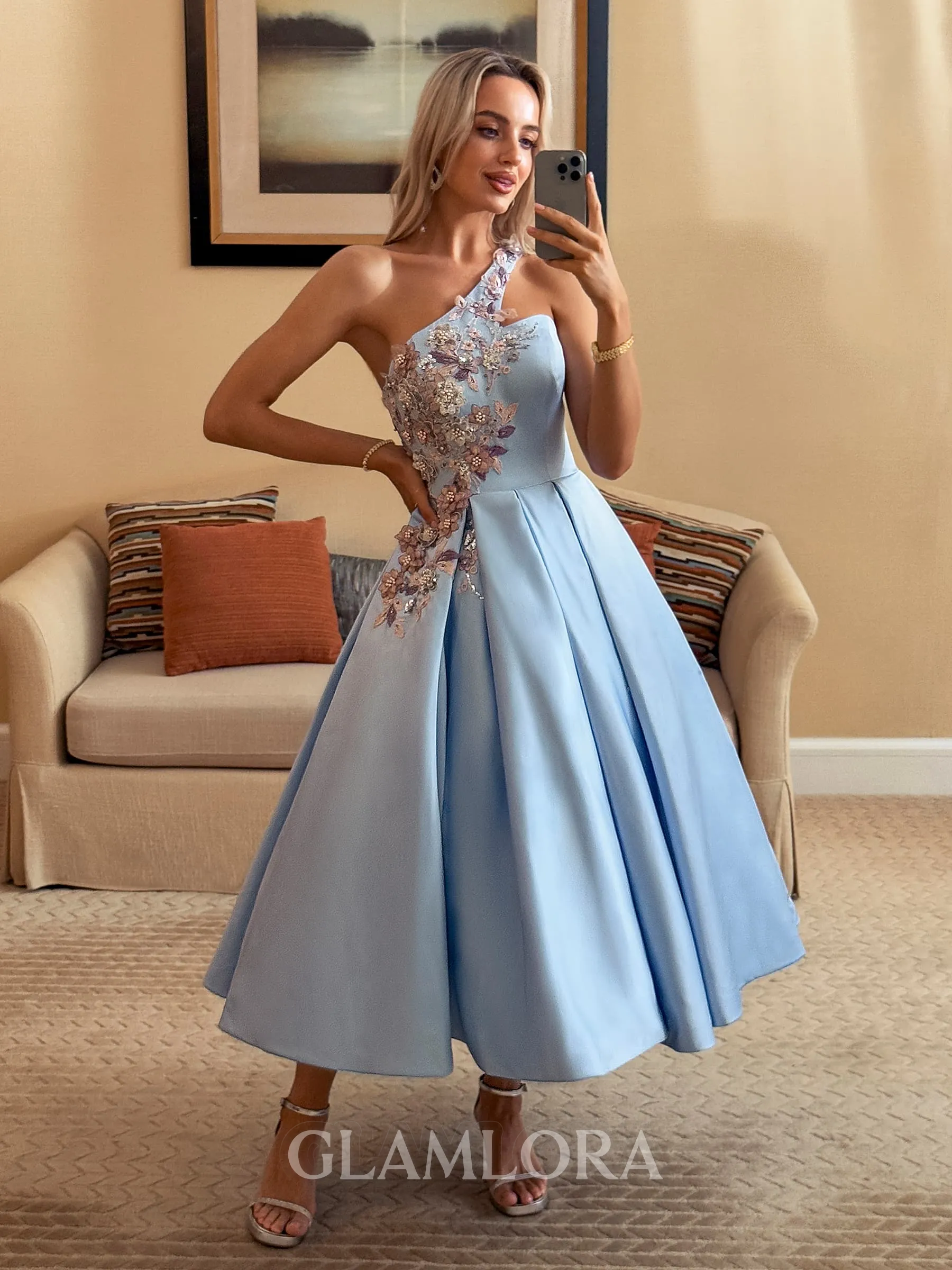 Perfect Ball-Gown One-Shoulder Flower Tea-Length Satin Dress