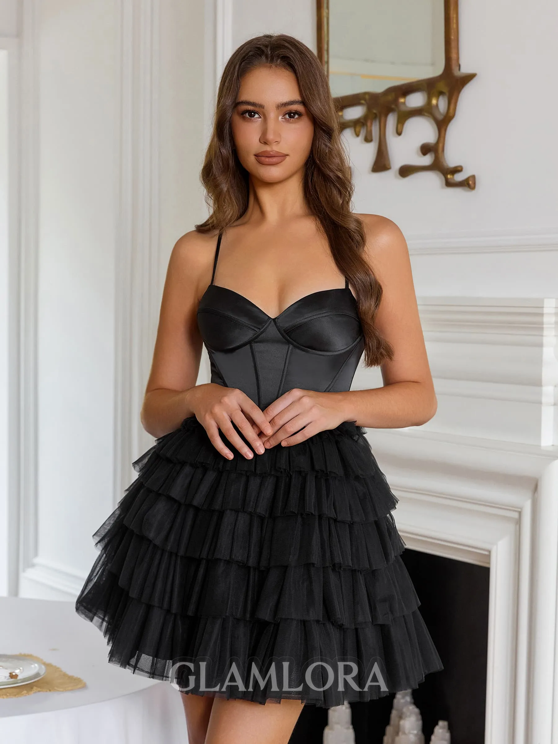 Elegant A-line Spaghetti Straps Cascading Ruffles Short/Mini Tulle Corset Dress