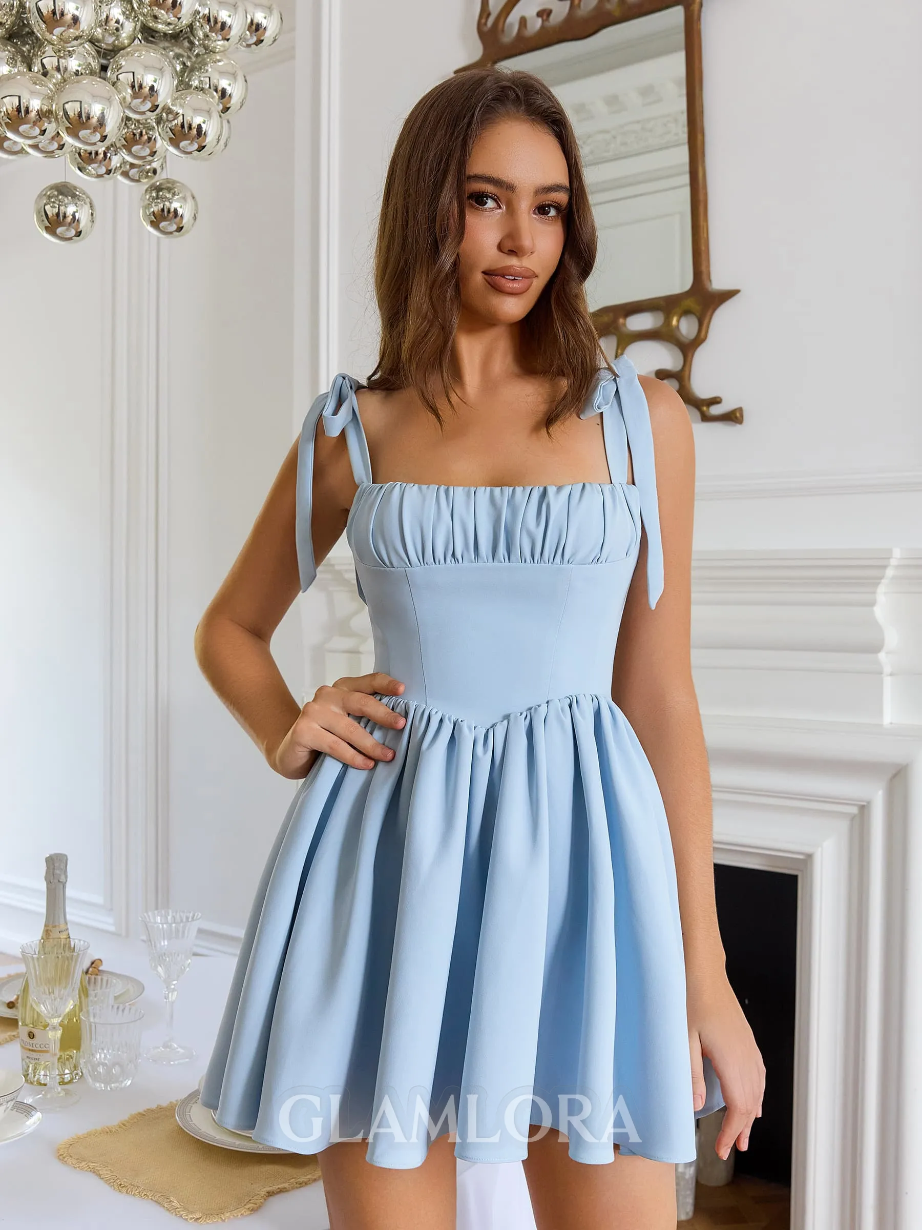 Grand A-line Straps Bow Short/Mini Stretch Crepe Corset Dress