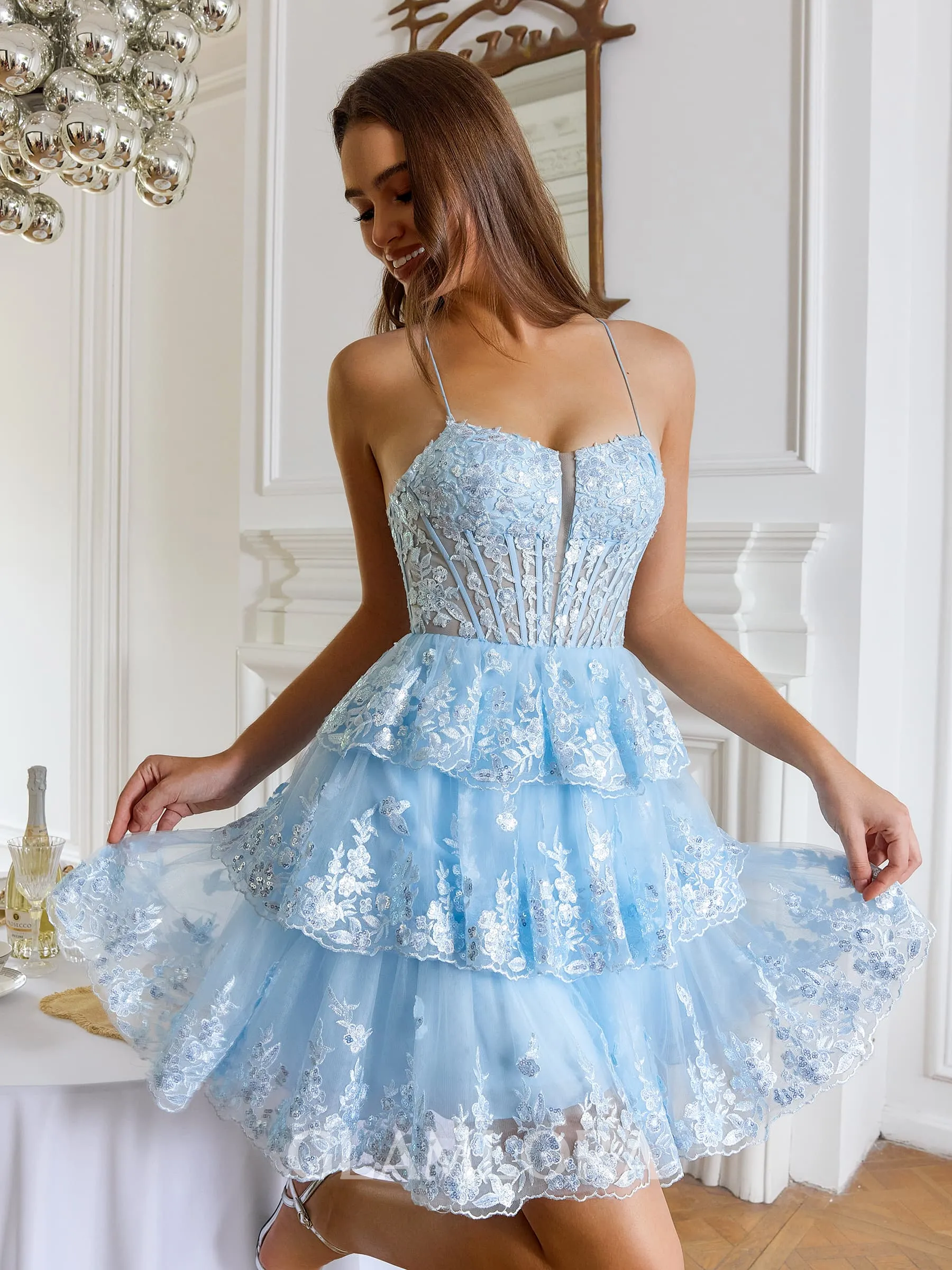 Graceful A-line Spaghetti Straps Appliques Lace Short/Mini Tulle Corset Dress