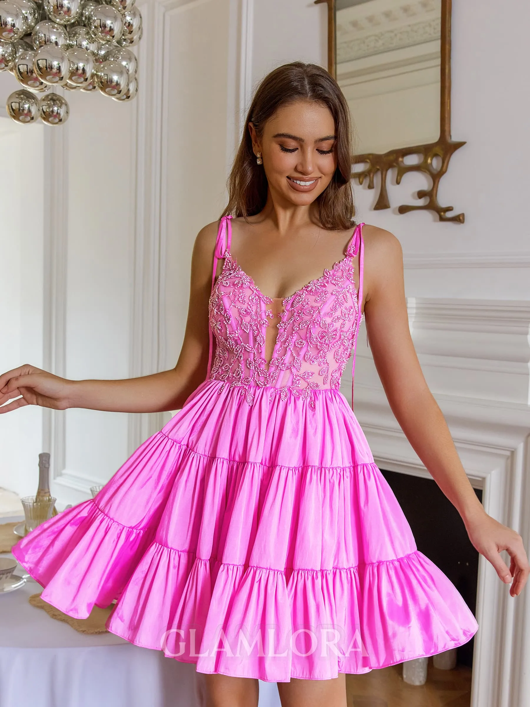 Extravagant A-line V-Neck Appliques Lace Short/Mini Taffeta Corset Dress