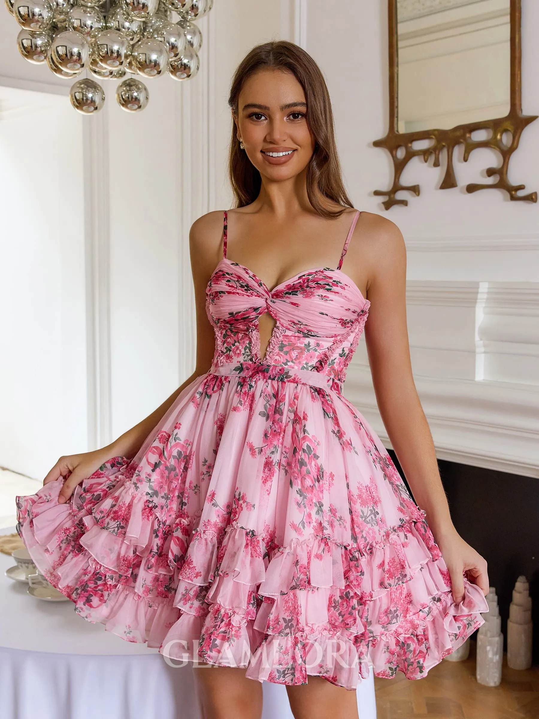 Splendiferous A-line Spaghetti Straps Cascading Ruffles Short/Mini Corset Dress