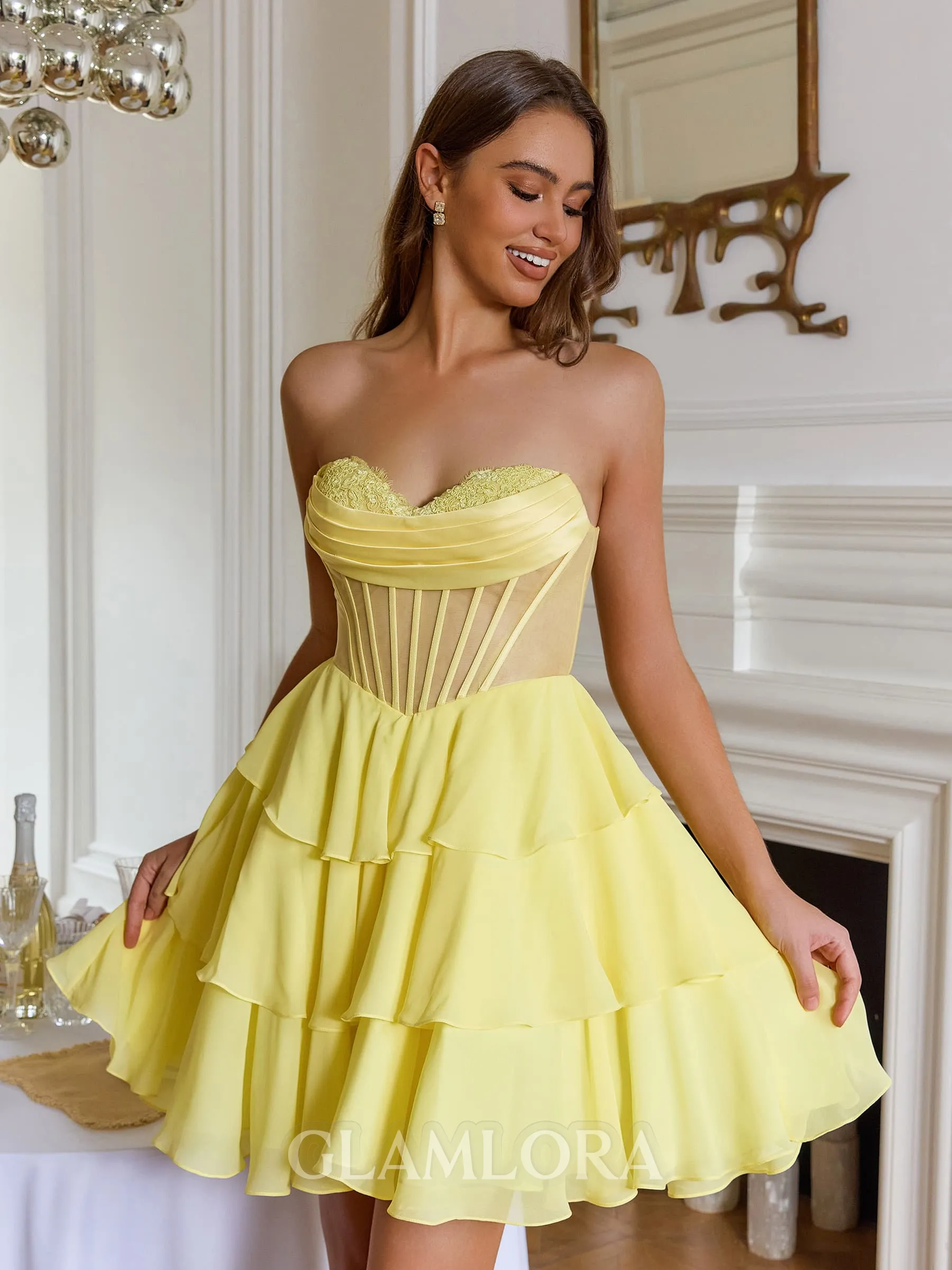 Elegant A-line Sweetheart Cascading Ruffles Short/Mini Chiffon Corset Dress