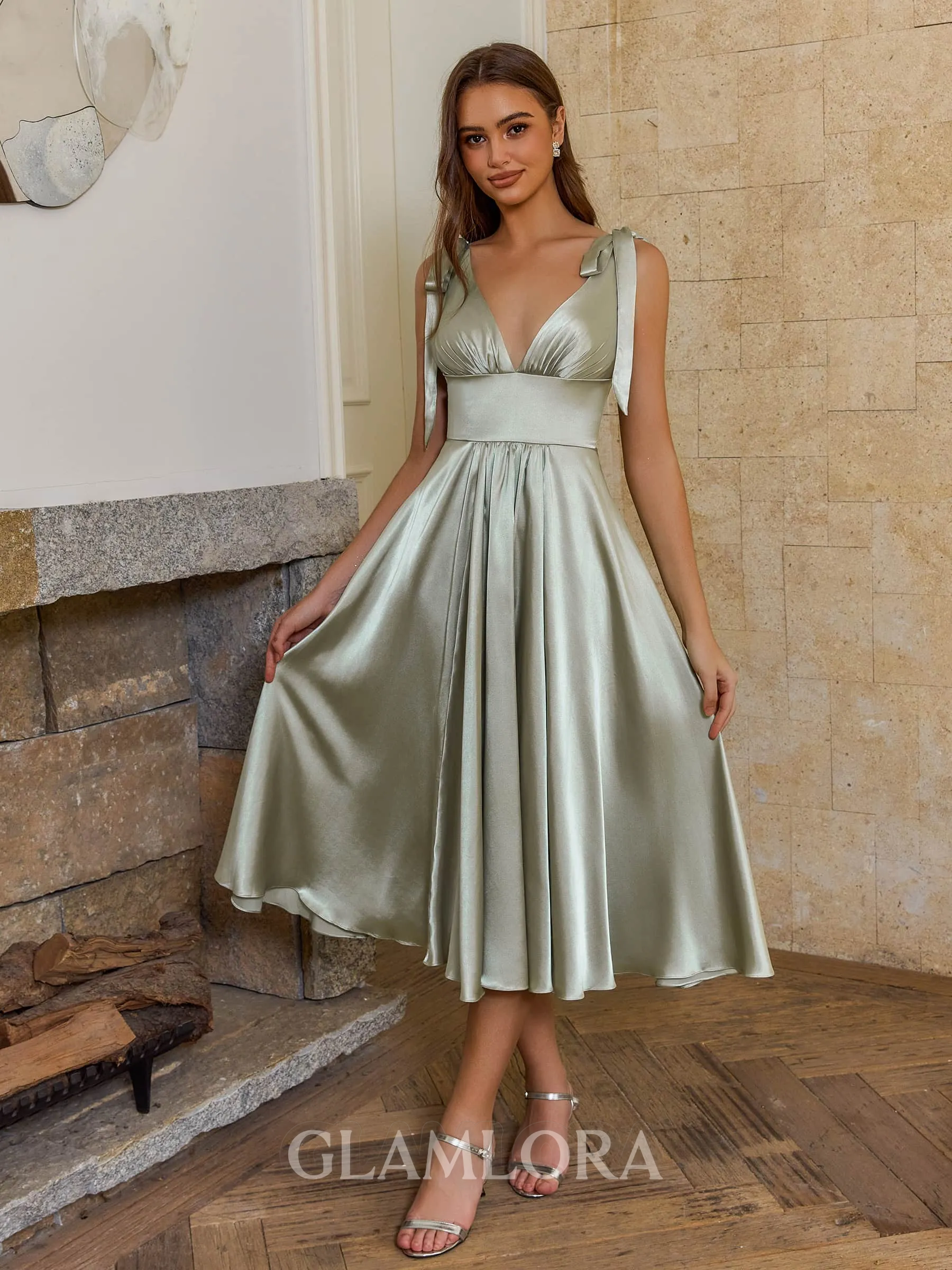 Trendy A-line V-Neck Bow Tea-Length Silk Like Satin Dress