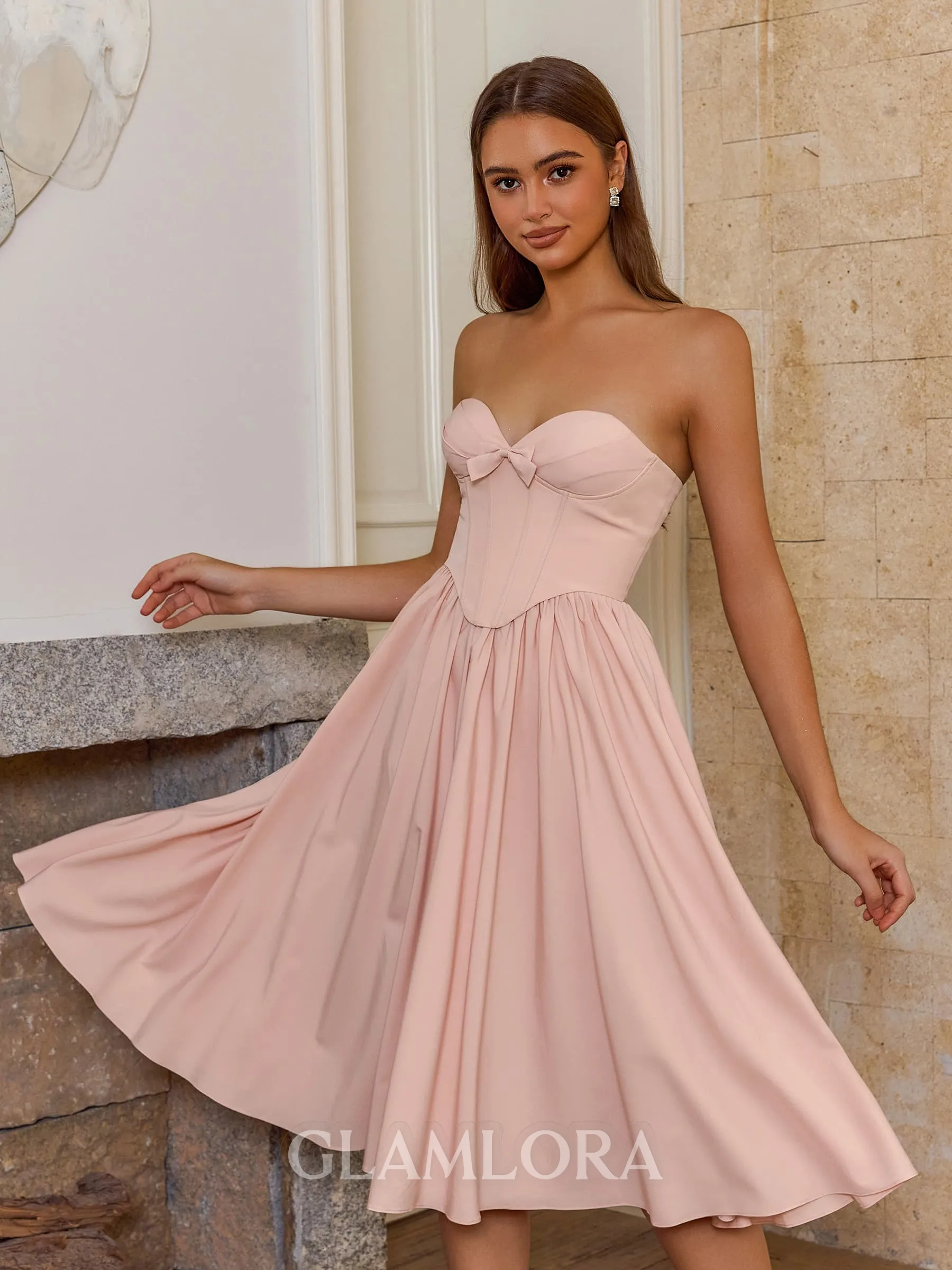 Stunning A-line Sweetheart Bow Tea-Length Corset Dress